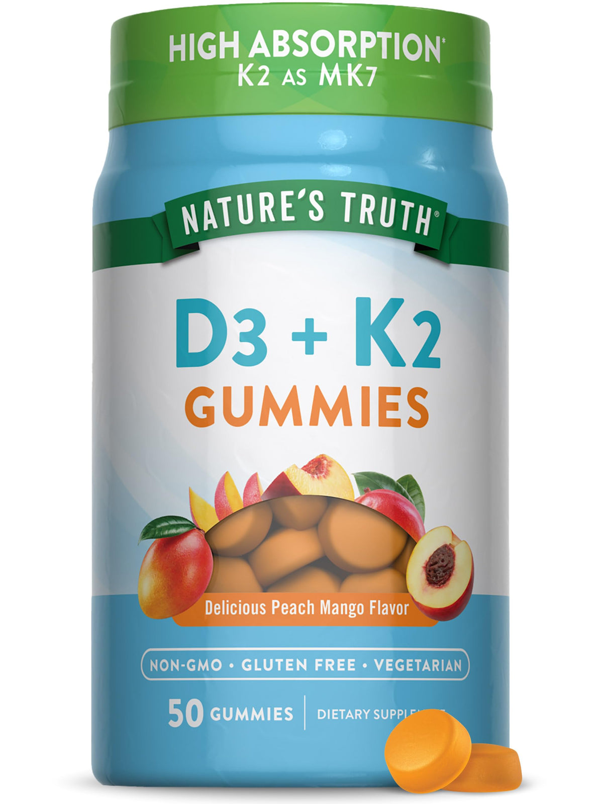 Nature's Truth gomitas D3 y K2 frente, sabor durazno-mango para apoyo diario de bienestar