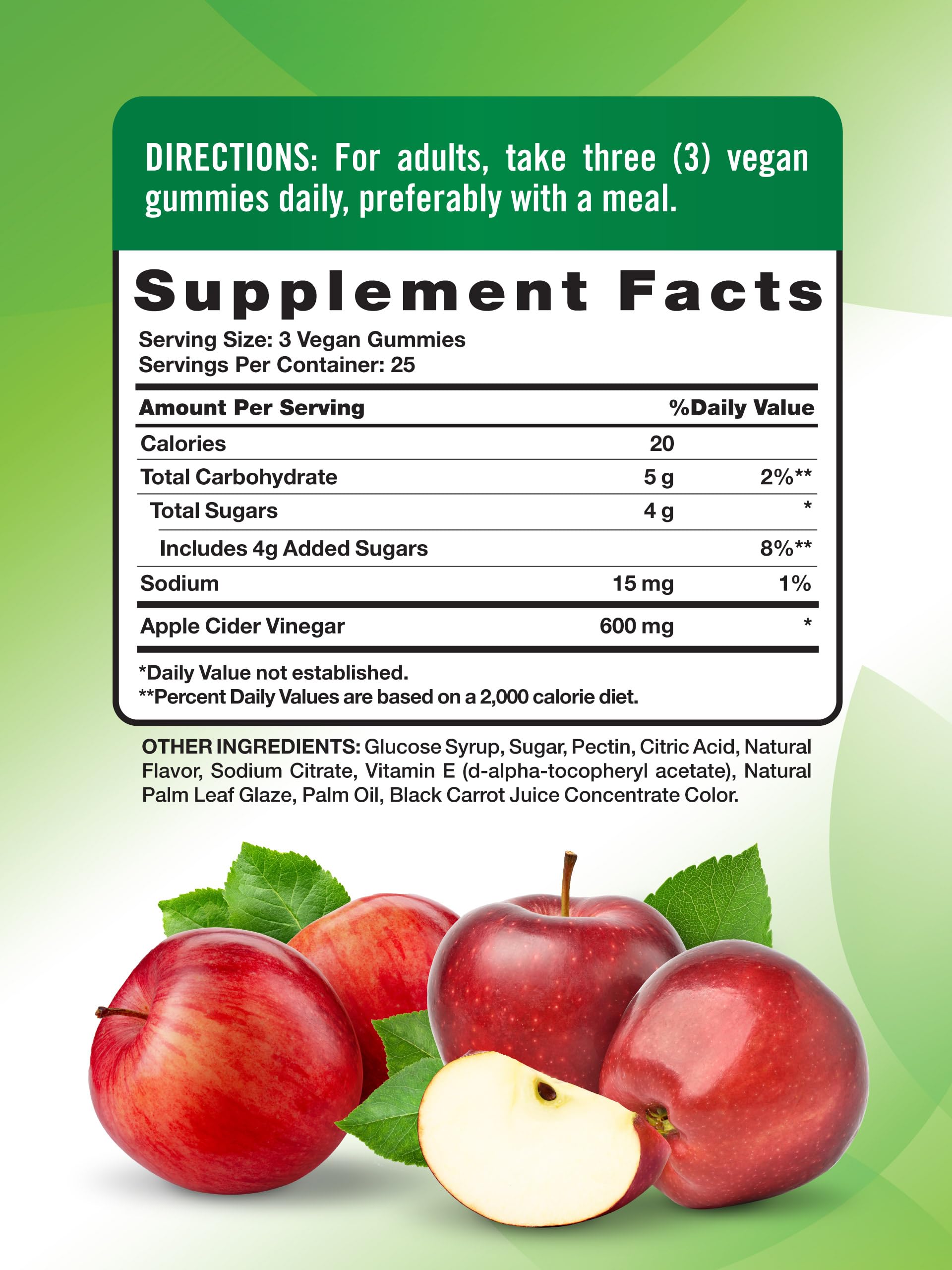 Nature's Truth gomitas vinagre de manzana, etiqueta clara apta para veganos.