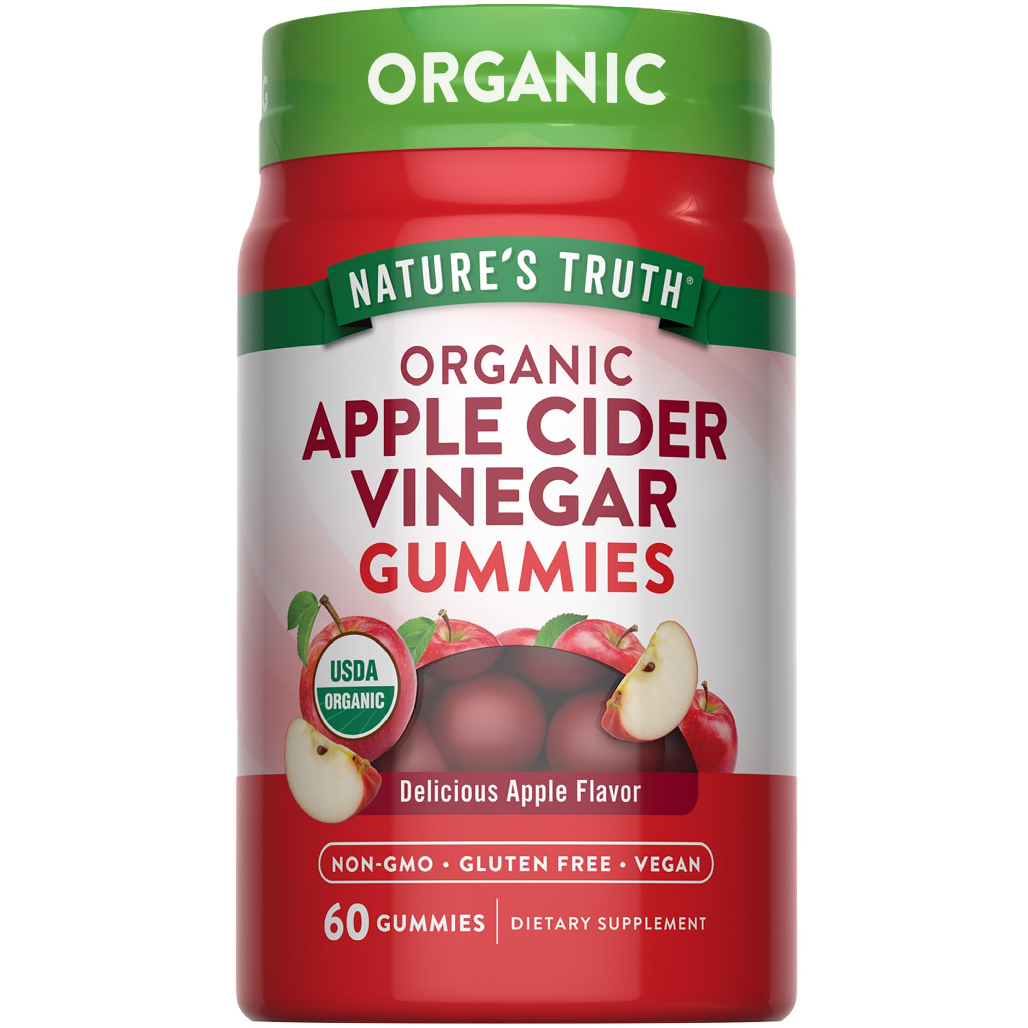 Gomitas Nature's Truth de vinagre de sidra manzana orgánicas en botella frontal, snack vegano.