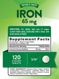 Nature's Truth Hierro: tabletas de 65 mg en envase, fácil dosificación.