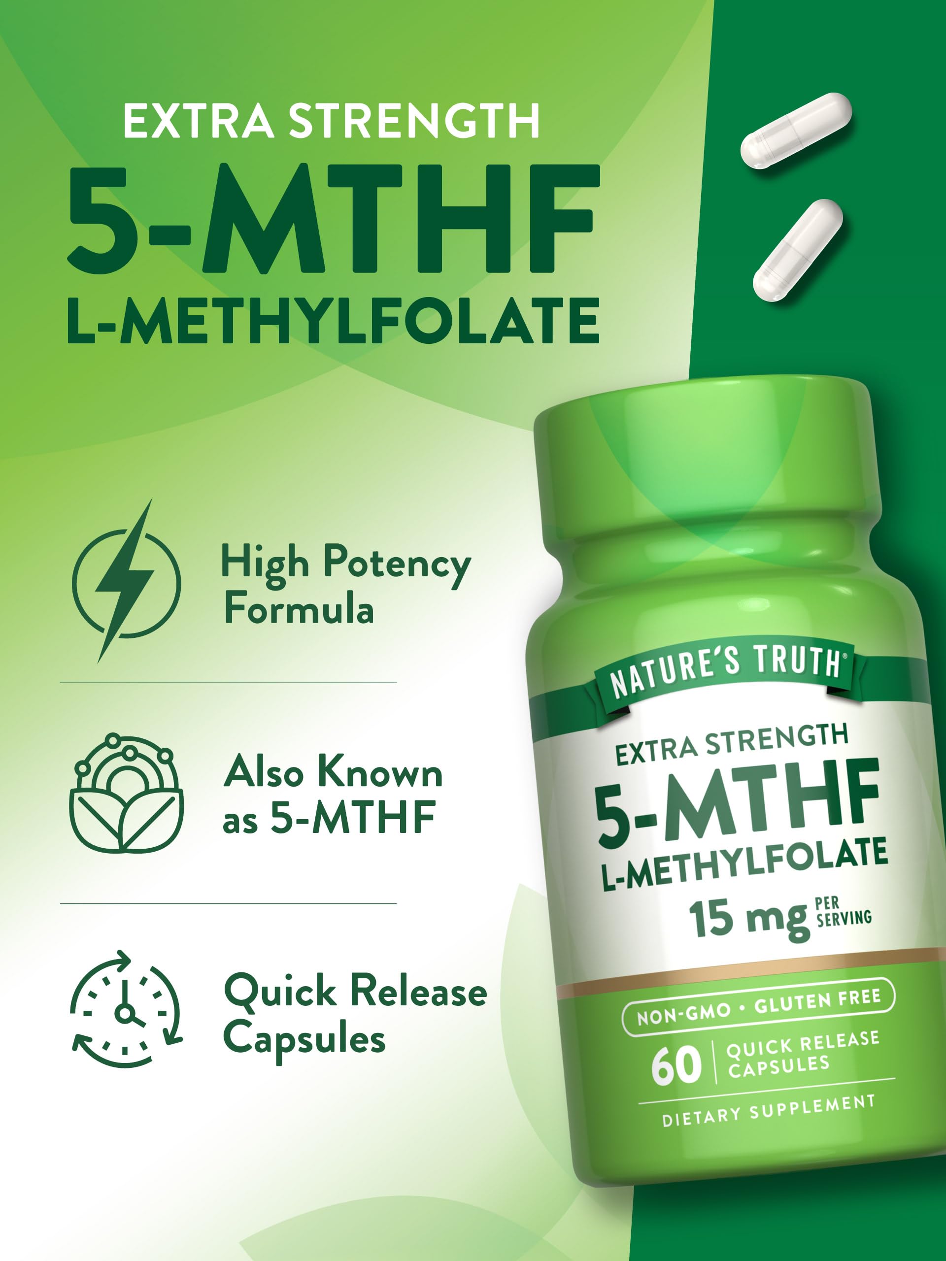 Nature's Truth L-Methylfolate 15 mg - cápsulas en mano para dosificación cómoda
