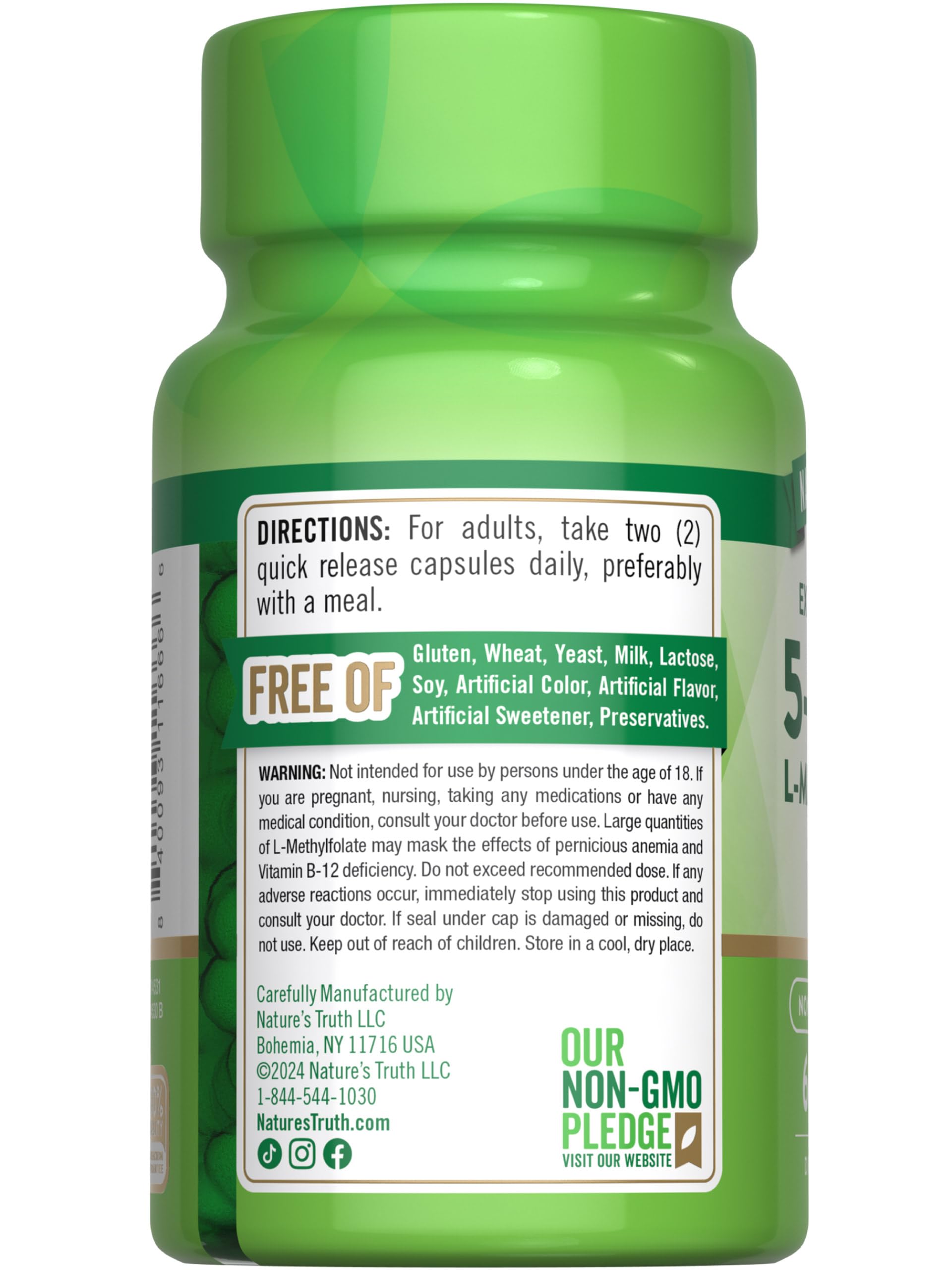 Nature's Truth L-Methylfolate 15 mg - primer plano de etiqueta legible y transparencia