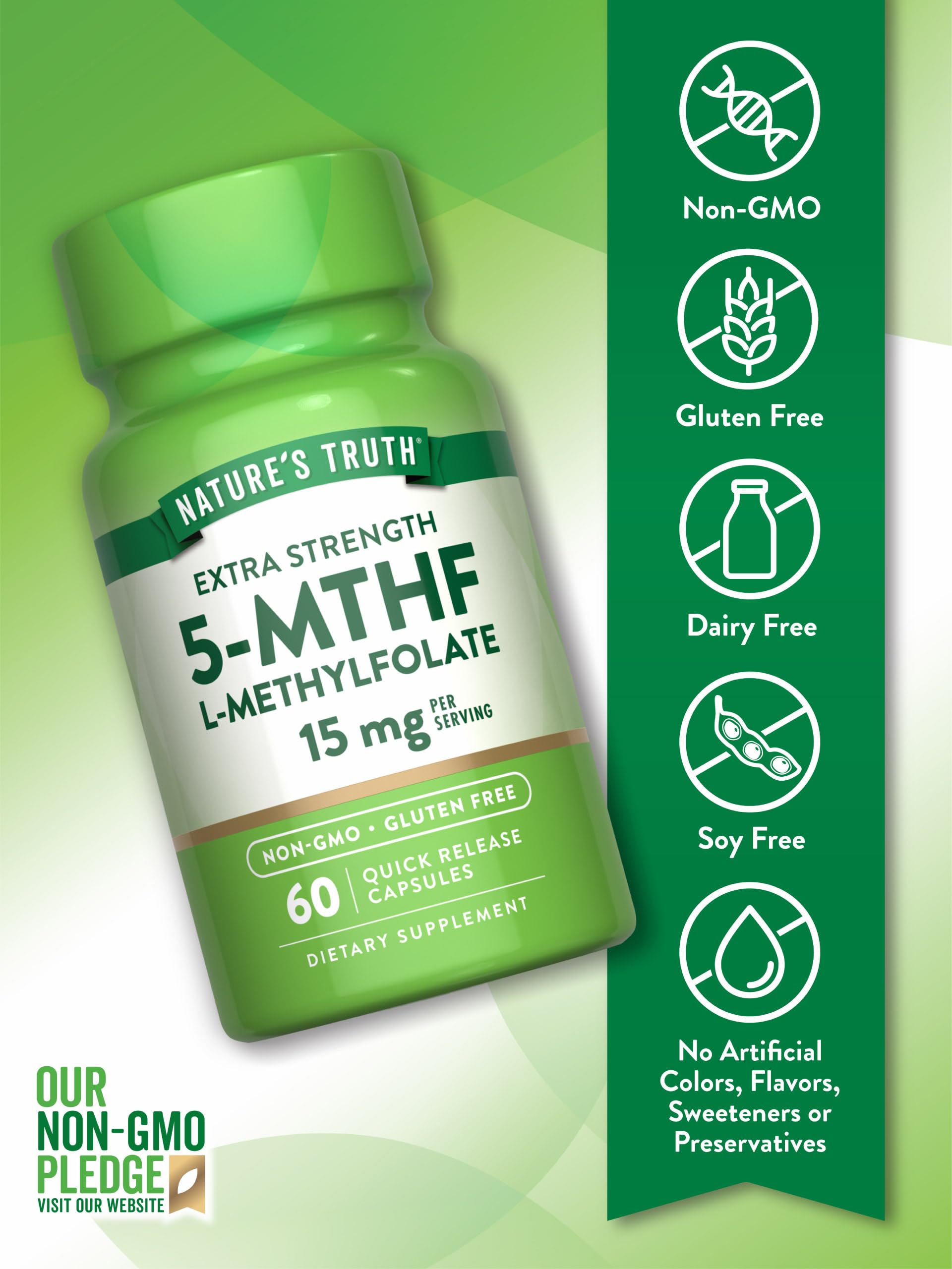 Nature's Truth L-Methylfolate 15 mg - etiqueta frontal clara con dosis visibles