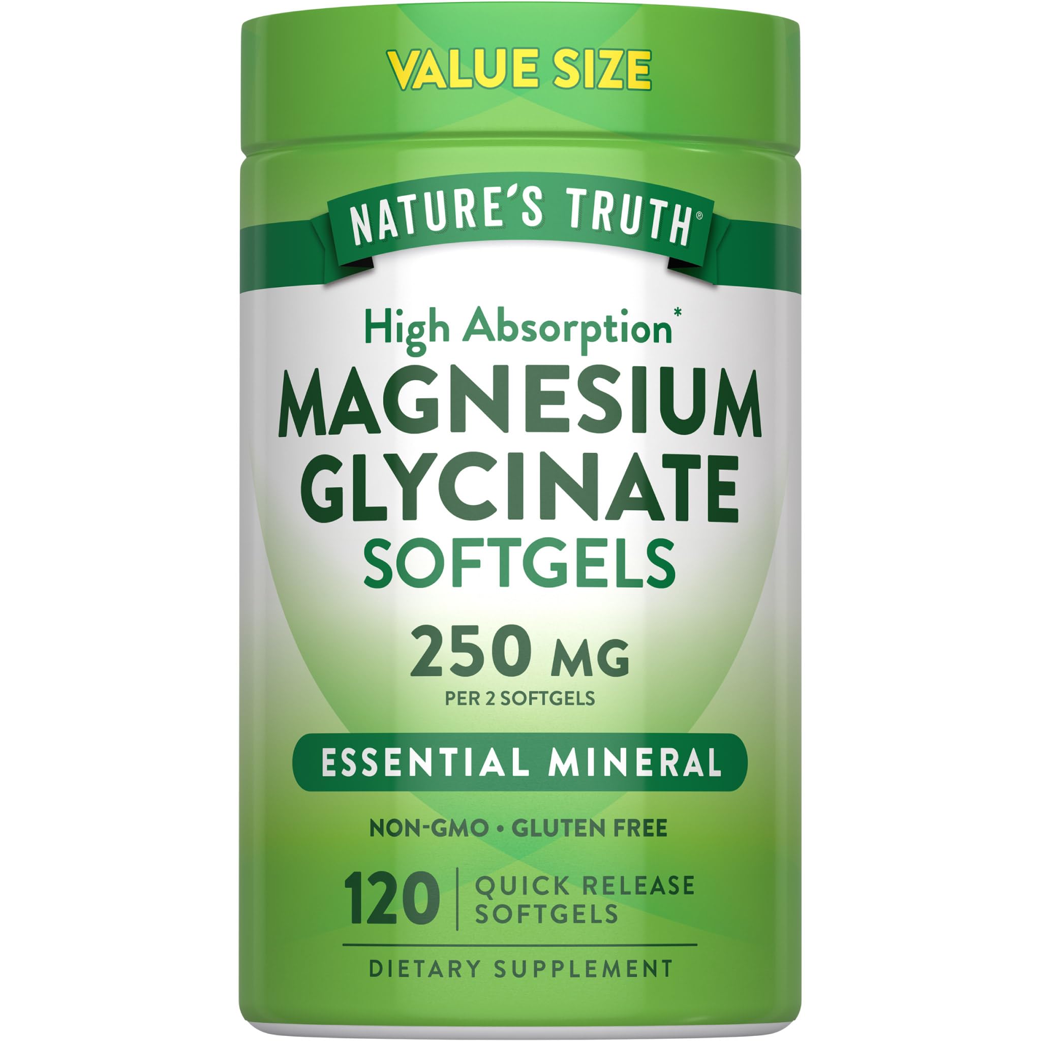 Nature's Truth Magnesio glicinato 250 mg, botella frontal, opción práctica para la rutina diaria.