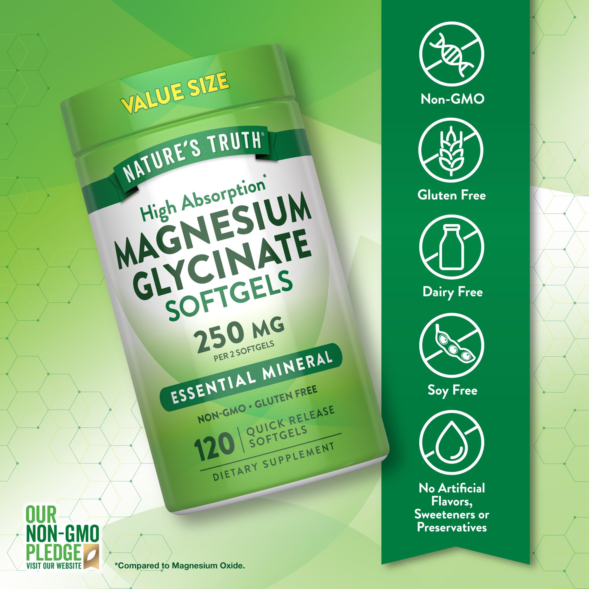 Detalle de etiqueta Nature's Truth Magnesio glicinato 250 mg, dosis clara para planificación.