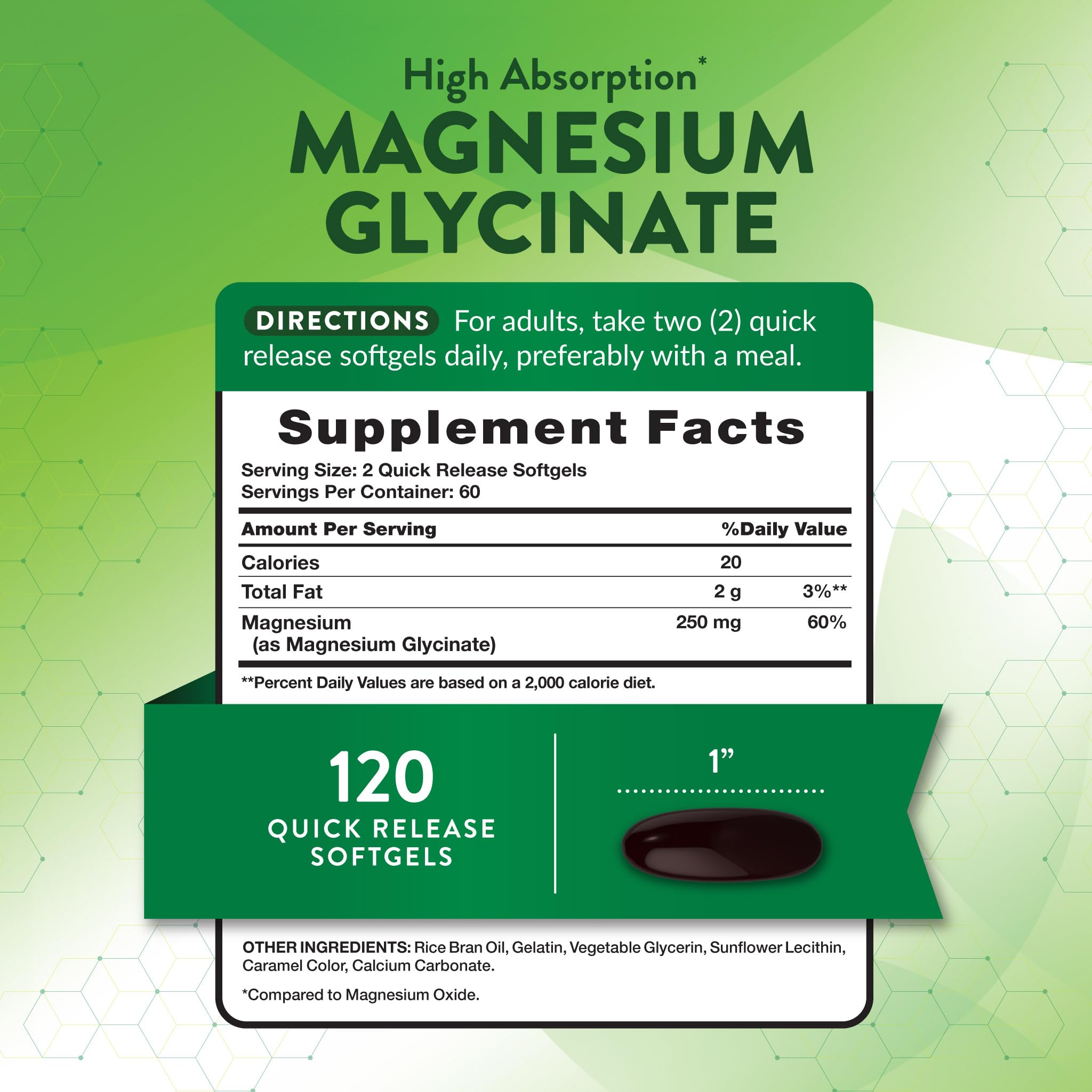 Nature's Truth Magnesio glicinato 250 mg, softgels en botella, fáciles de tragar.