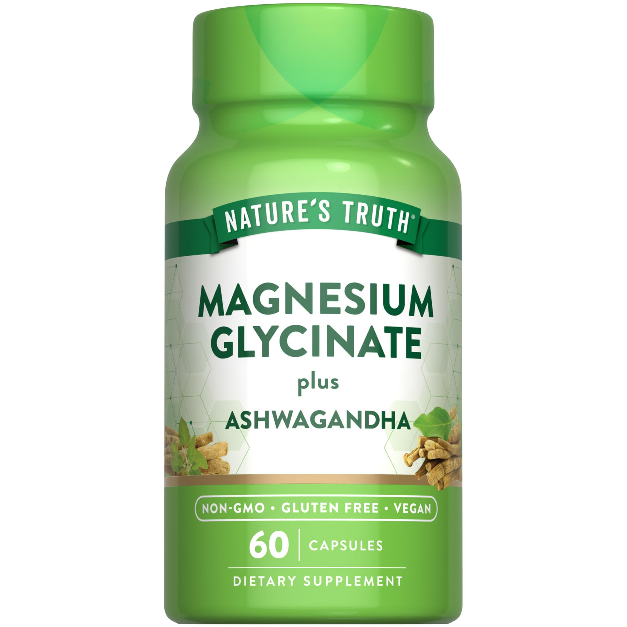 Nature's Truth Magnesio Glicinato con Ashwagandha, cápsulas, apoyo diario para el bienestar.