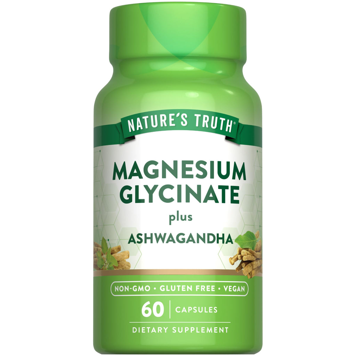 Nature's Truth Magnesio Glicinato con Ashwagandha, cápsulas, apoyo diario para el bienestar.
