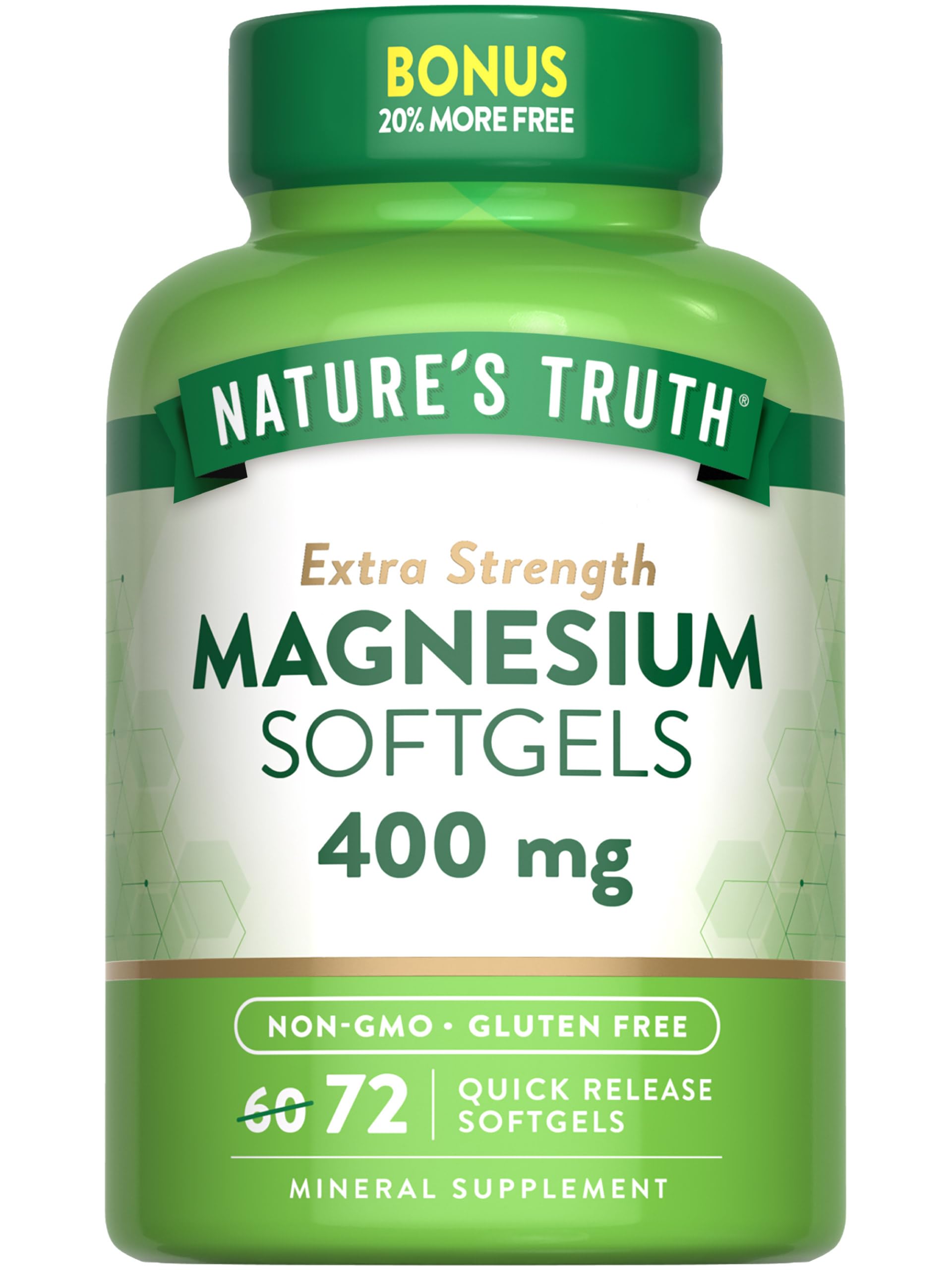 Nature's Truth Magnesium 400 mg: frasco de cápsulas suaves para uso diario.