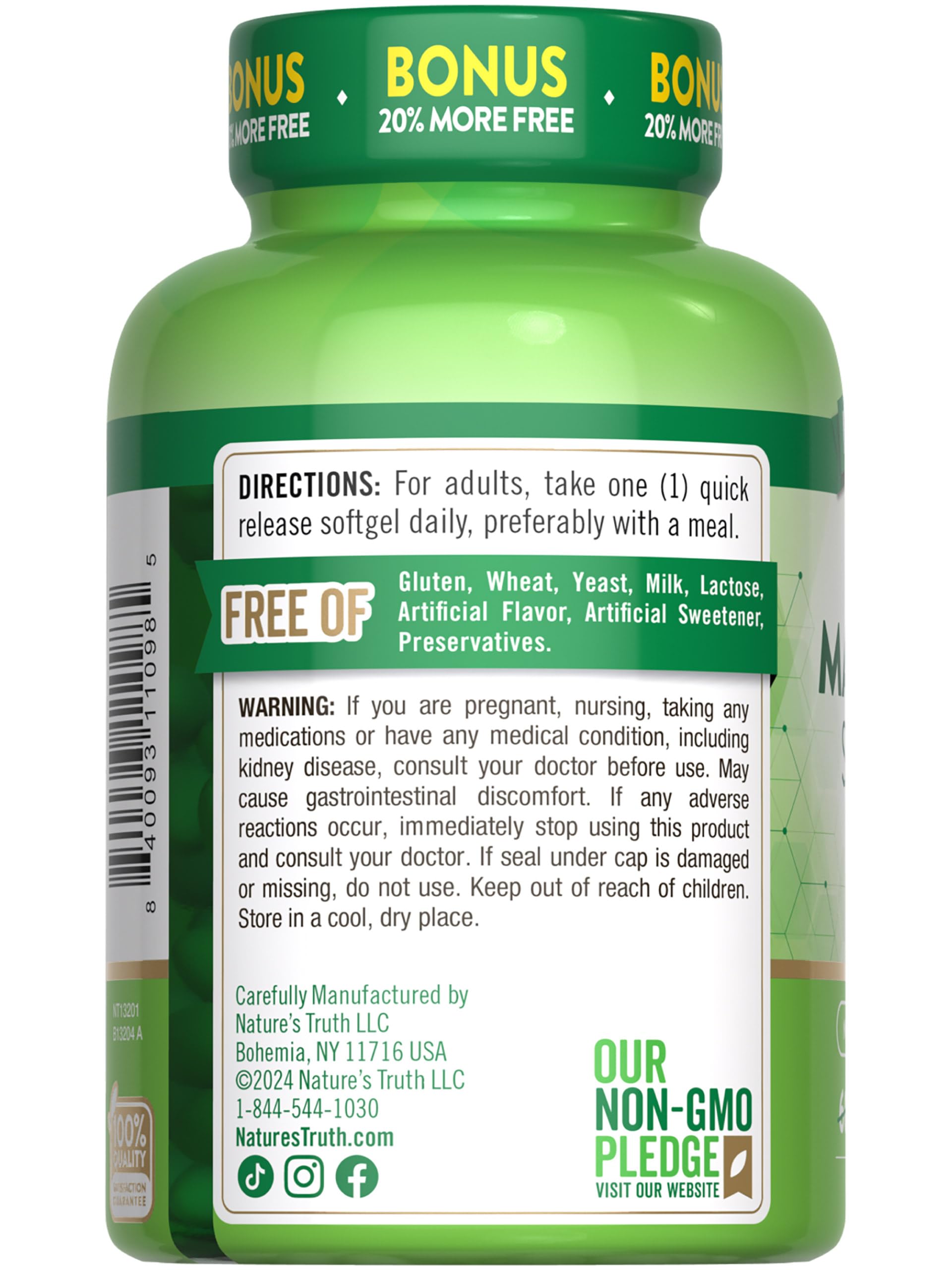 Nature's Truth Magnesium 400 mg, libre de OGM para tranquilidad.