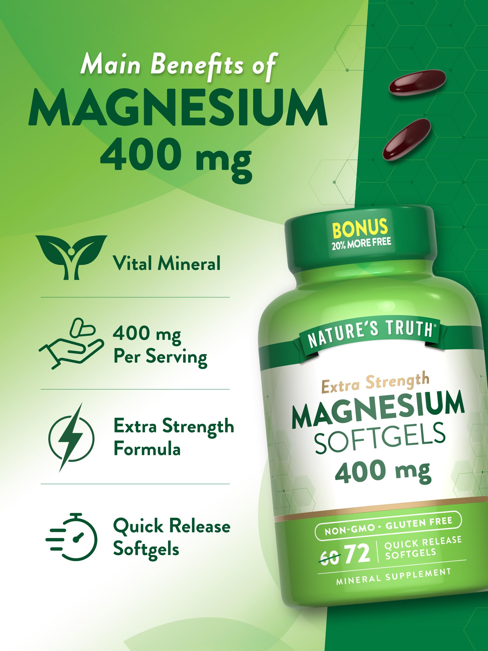 Nature's Truth Magnesium 400 mg, libre de gluten para tranquilidad.