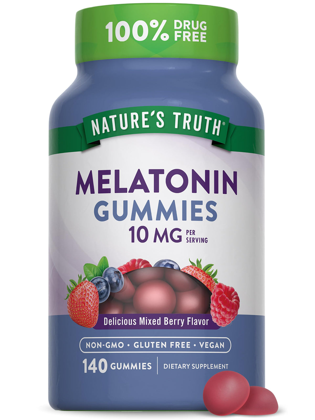 Nature's Truth Melatonin Gummies: bote visible con sabor a frambuesa para uso nocturno