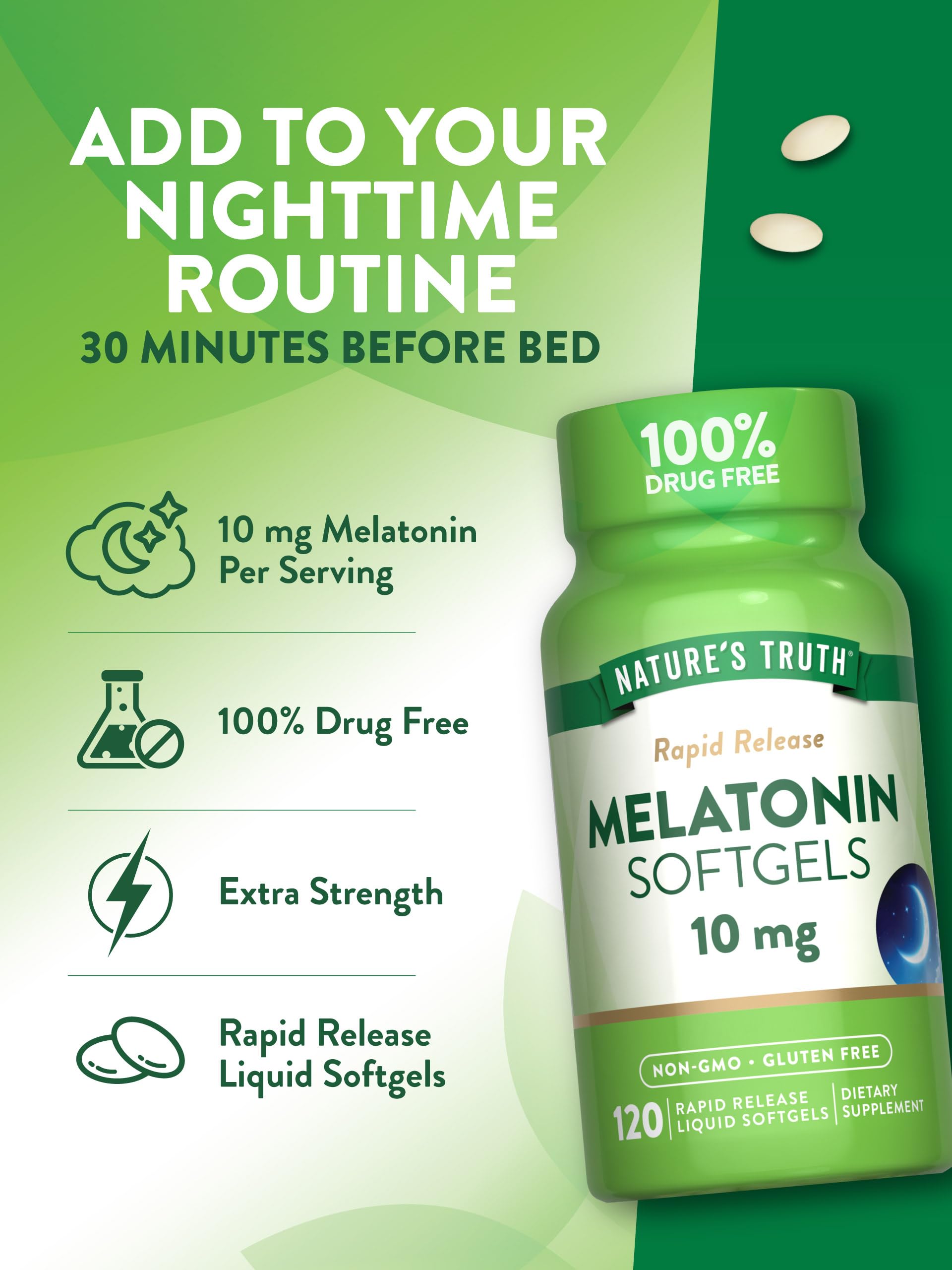 Nature's Truth Melatonina 10 mg, cápsula dentro de la botella, fácil de usar.