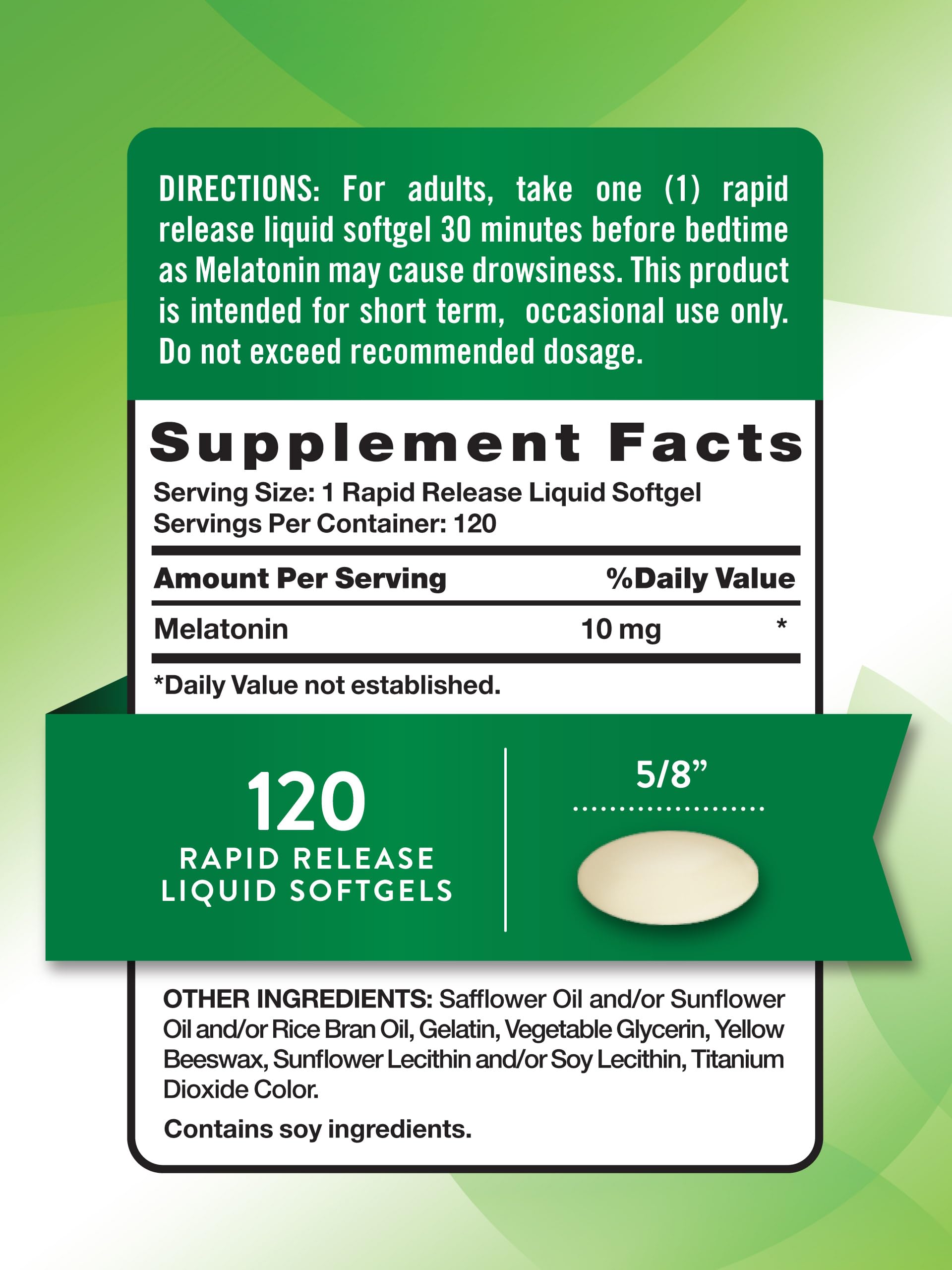 Nature's Truth Melatonina 10 mg, una softgel, toma rápida antes de dormir.