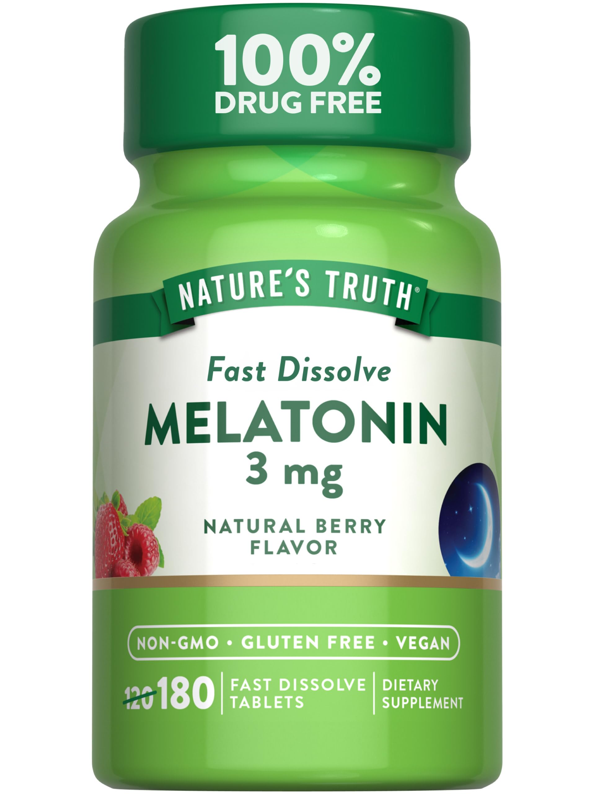 Nature's Truth Melatonina: botella frontal con etiqueta sabor baya, para favorecer el sueño