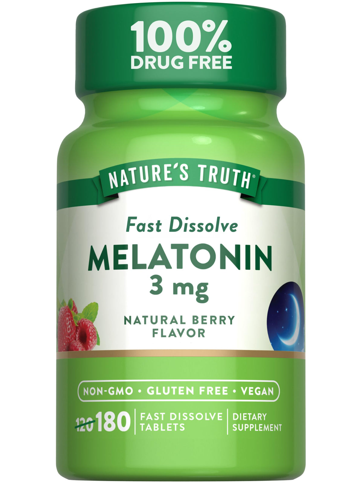 Nature's Truth Melatonina: botella frontal con etiqueta sabor baya, para favorecer el sueño