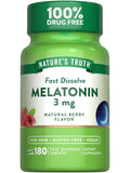 Nature's Truth Melatonina: botella frontal con etiqueta sabor baya, para favorecer el sueño