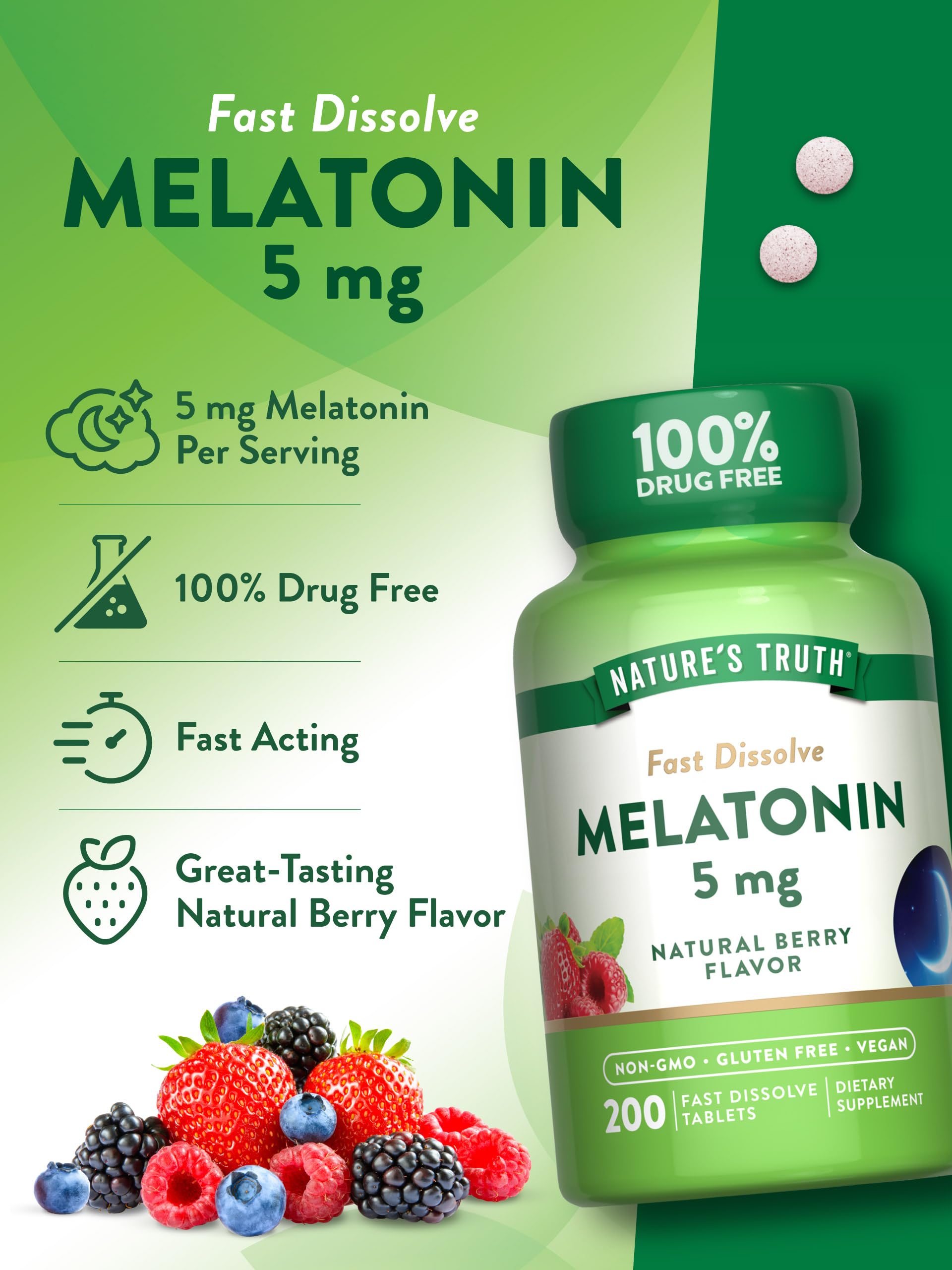 Nature's Truth Melatonina icono vegano y sin gluten en empaque