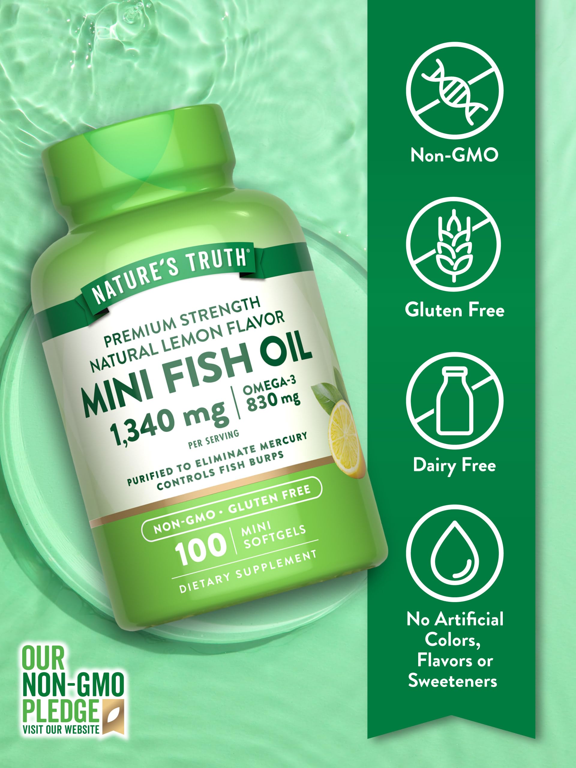 Nature's Truth Mini envase de 100 cápsulas para uso diario conveniente.