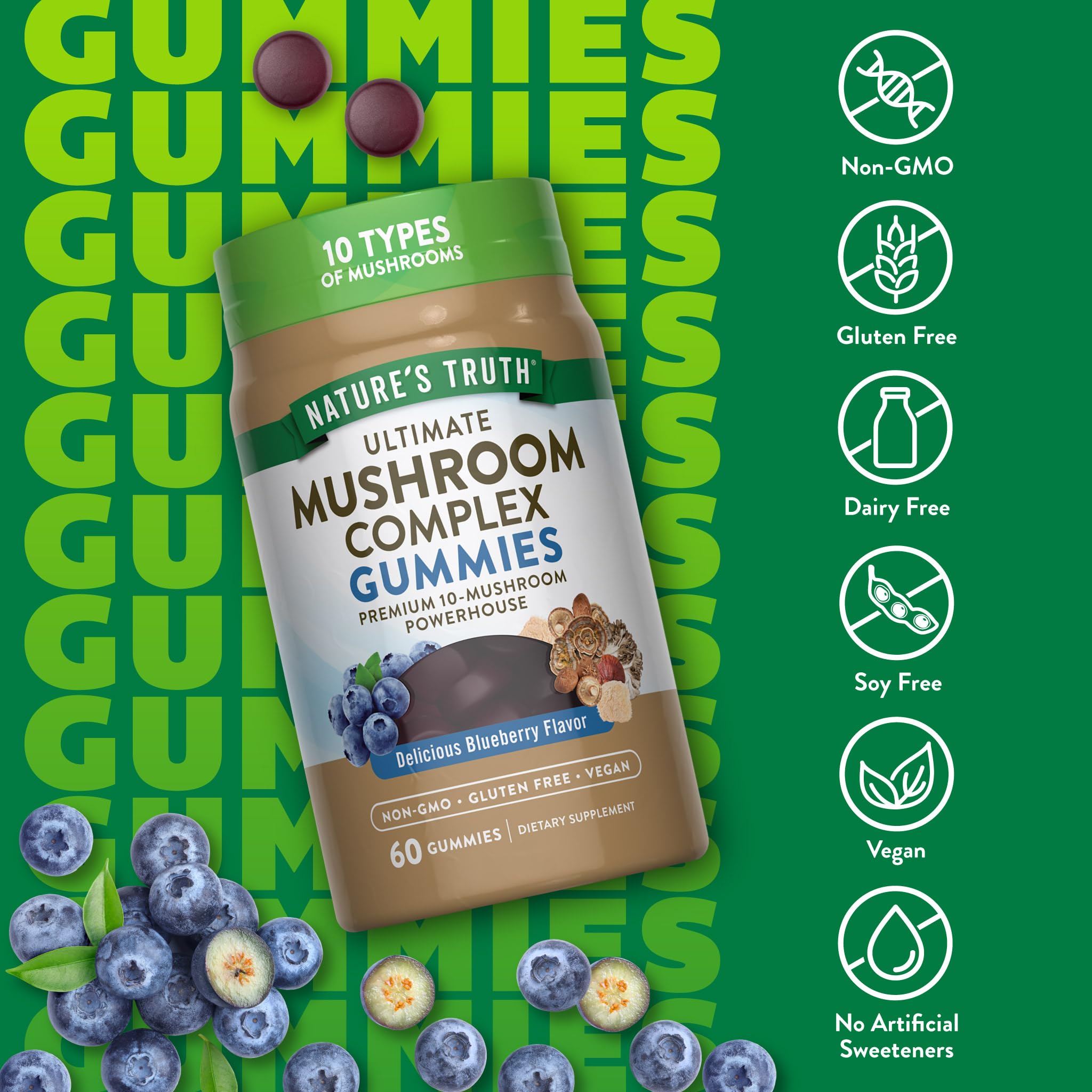 Etiqueta frontal de Nature's Truth Mushroom Complex Gummies, información clara y de confianza