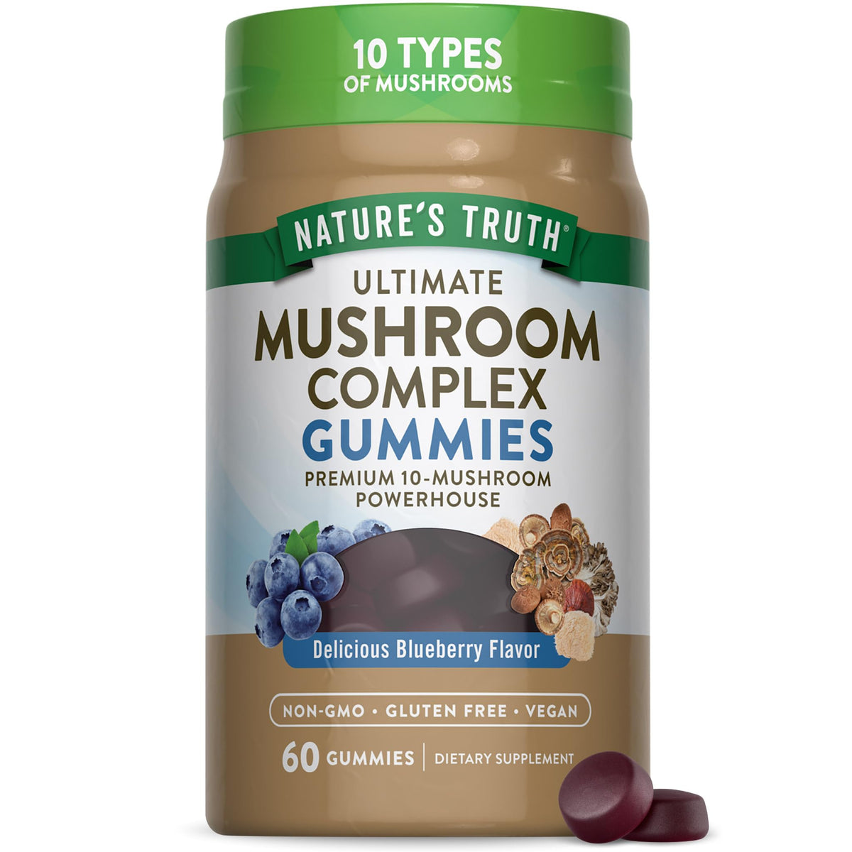 Nature's Truth Mushroom Complex Gummies frente a botella, sabor arándano, ideal para consumo diario