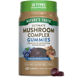 Nature's Truth Mushroom Complex Gummies frente a botella, sabor arándano, ideal para consumo diario