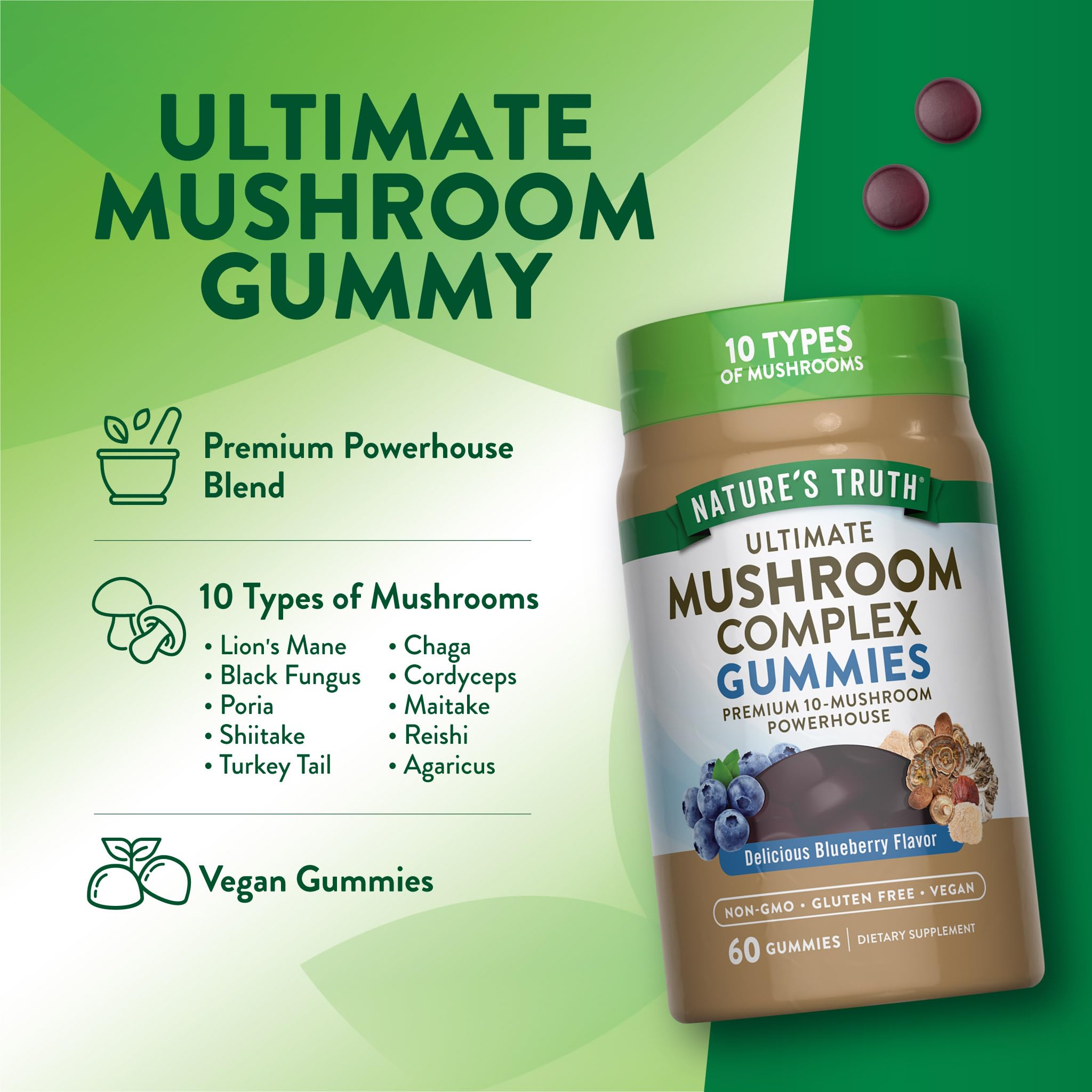 Textura glaseada de gomitas en Nature's Truth Mushroom Complex Gummies, snack sabroso