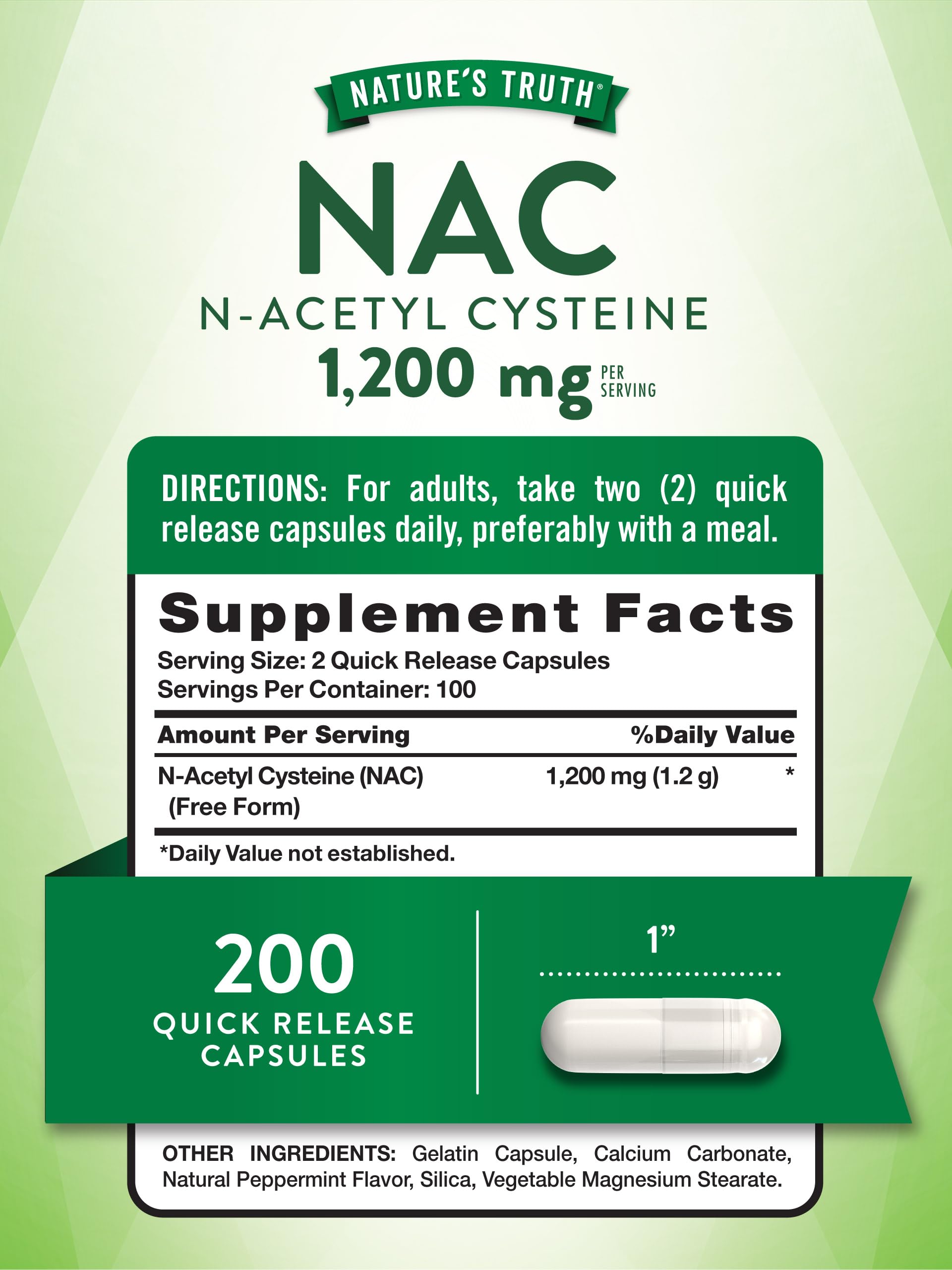 Nature's Truth NAC cápsulas etiqueta: etiqueta clara con información de calidad.