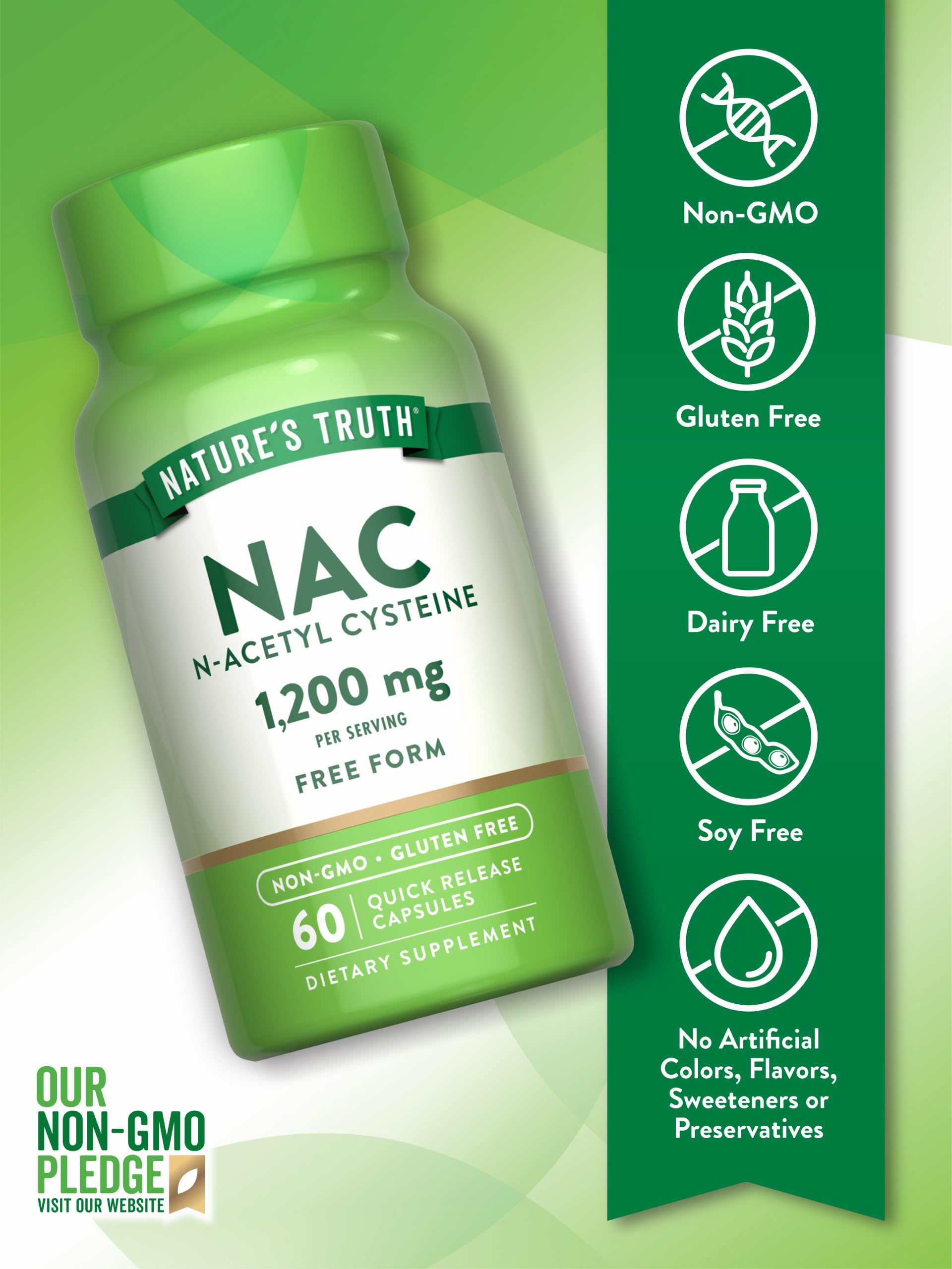 Nature's Truth NAC etiqueta frontal resalta contenido y beneficios clave.