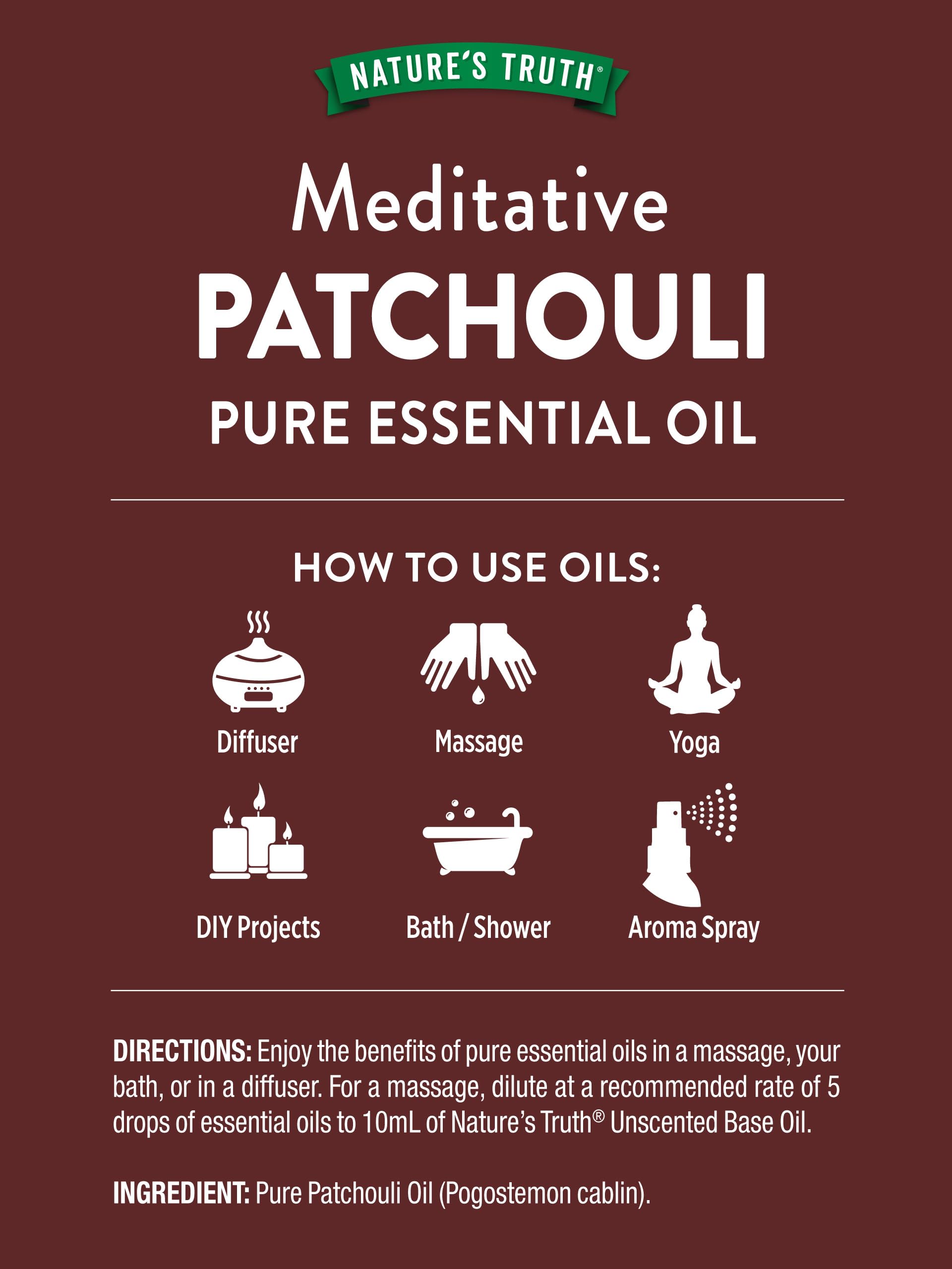 Nature's Truth Patchouli, etiqueta visible, ideal para identificar producto.