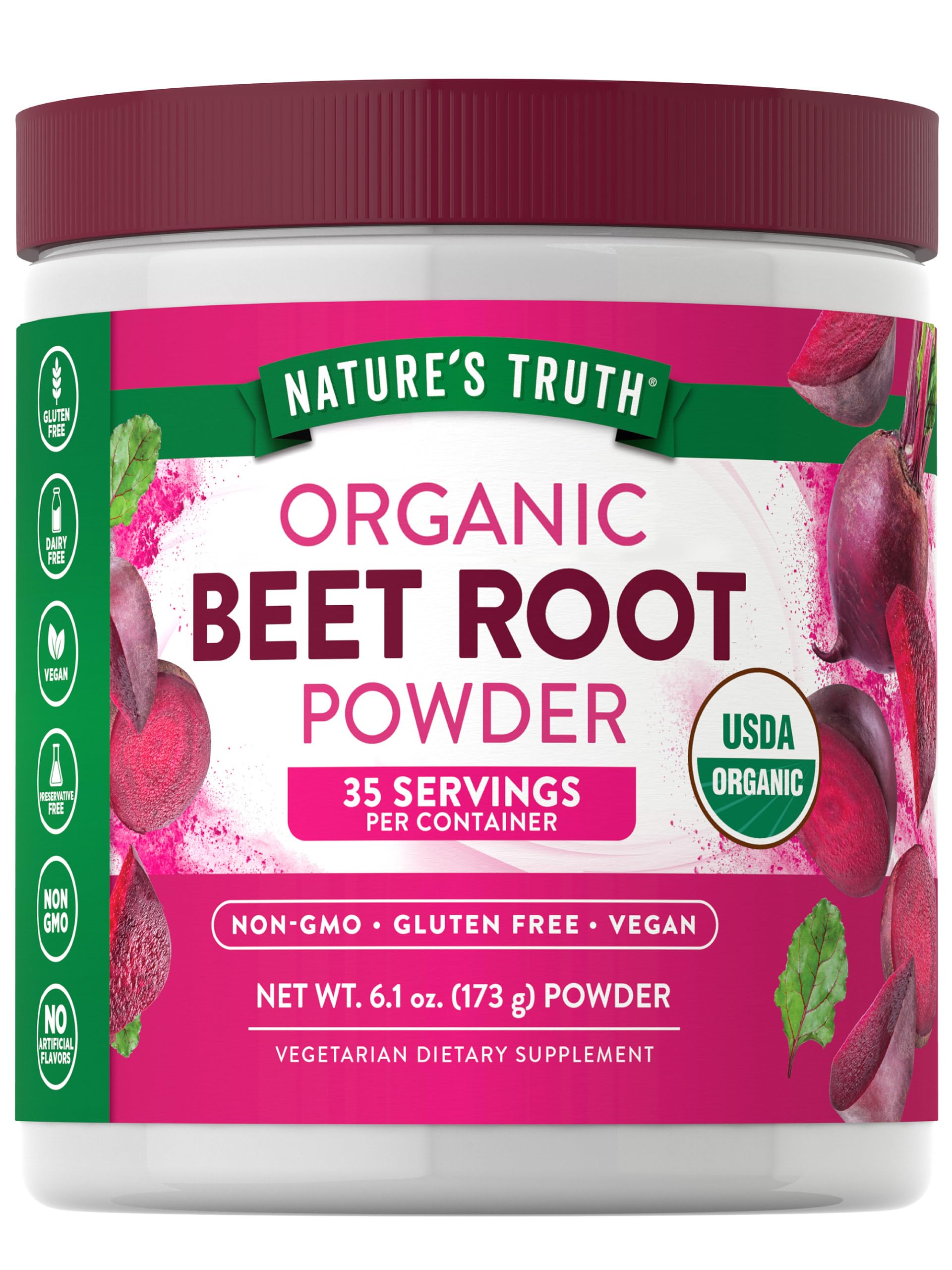 Nature’s Truth polvo de remolacha orgánico en frasco, ideal para batidos nutritivos.