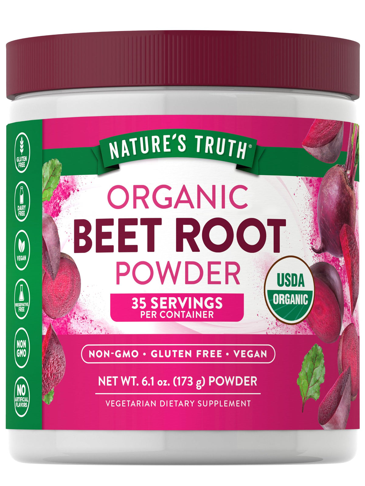 Nature’s Truth polvo de remolacha orgánico en frasco, ideal para batidos nutritivos.