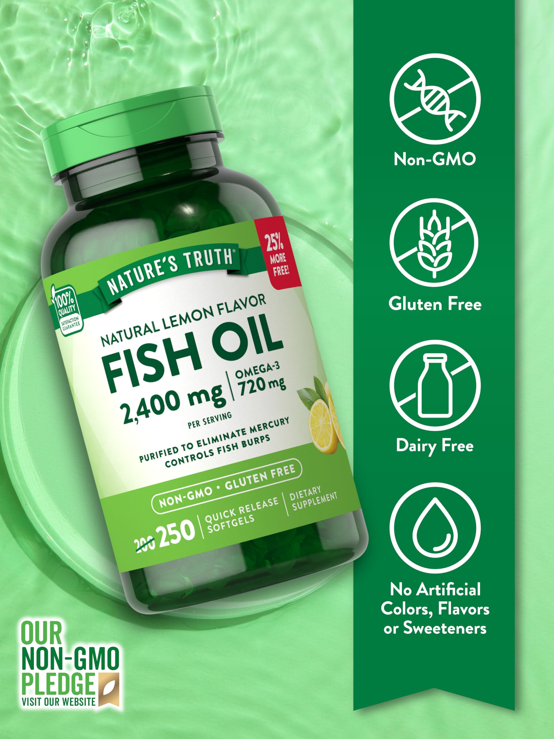 Nature's Truth: etiqueta clara que resalta ser libre de gluten y OGM.