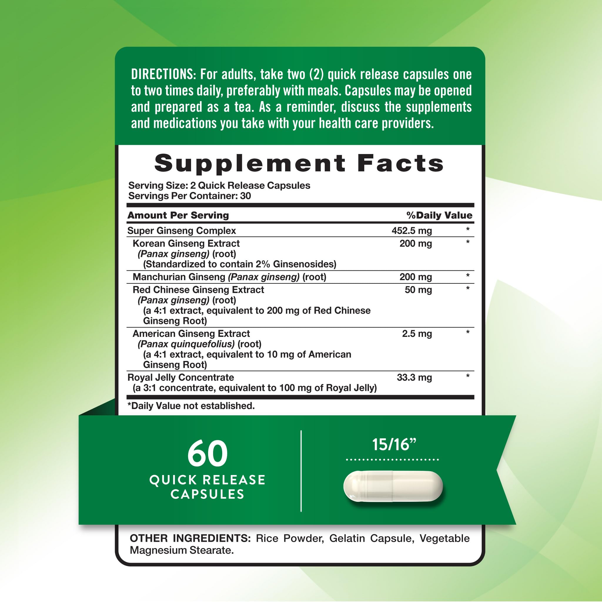 Nature's Truth Super Ginseng Complex: etiqueta frontal resalta ingredientes clave.