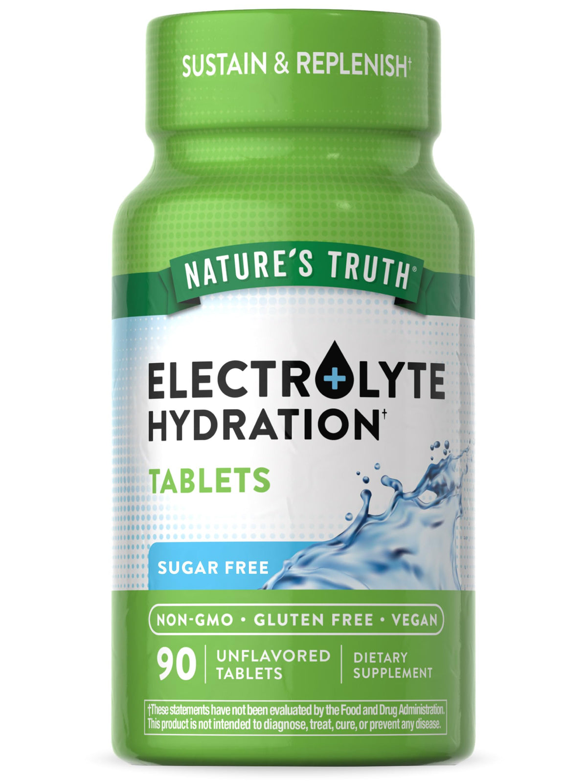 Nature's Truth Electrolyte Tablets: vista frontal de la botella para hidratación rápida sin azúcar