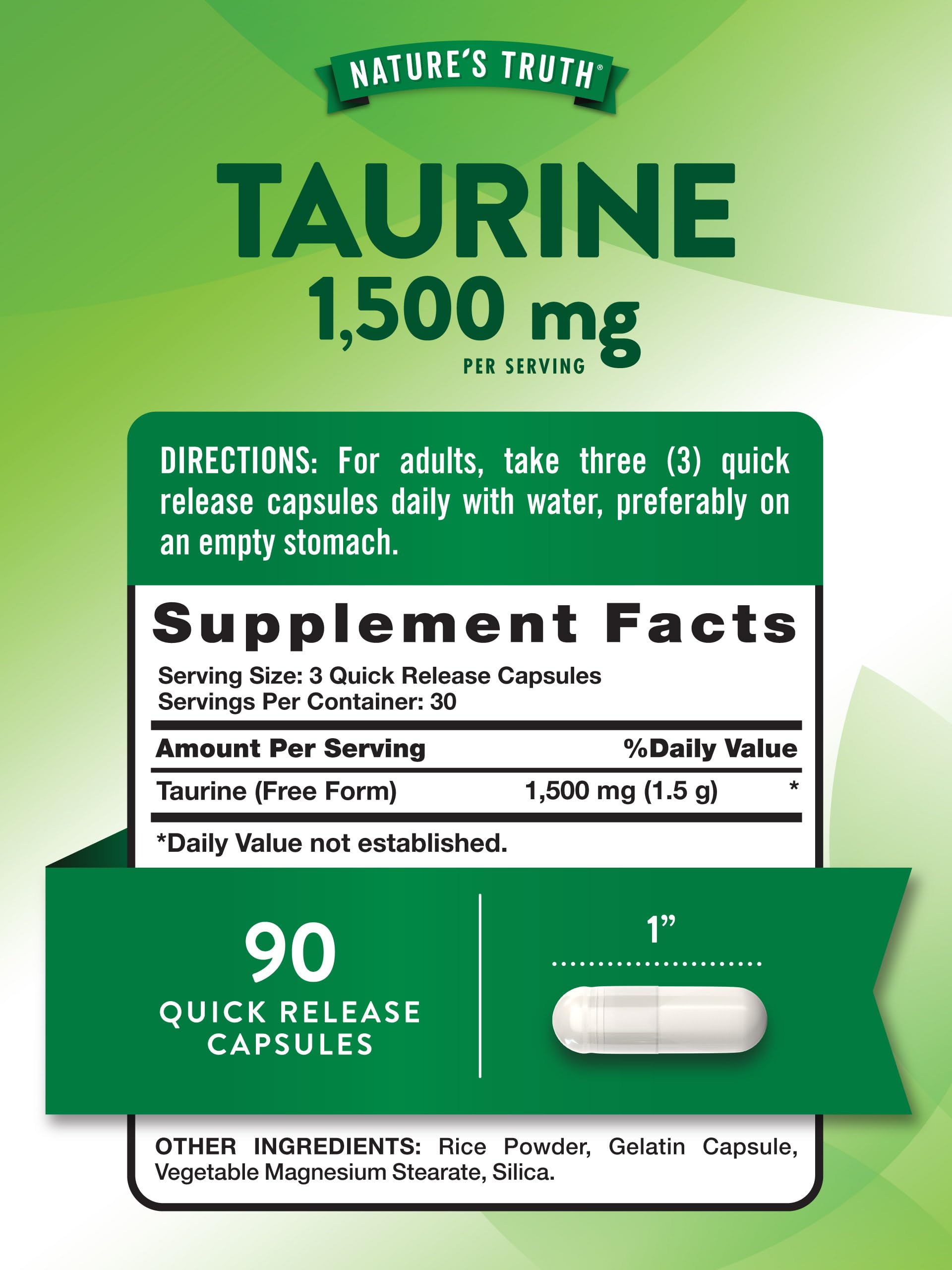 Nature's Truth Taurina: frente de la botella y dosis de 1500 mg visibles