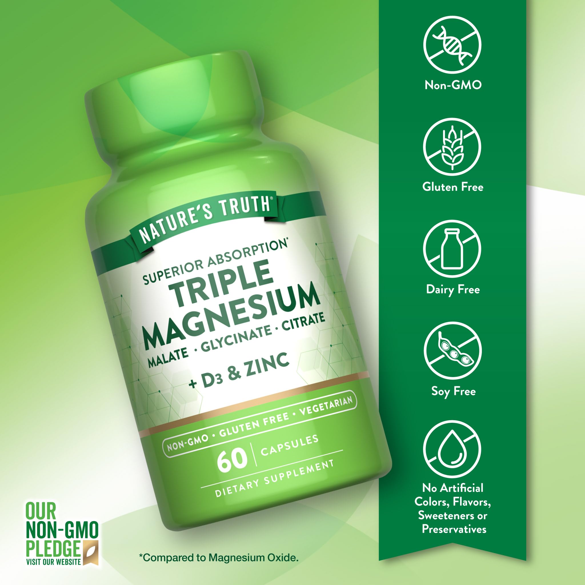 Cápsulas Nature's Truth con glicinato, citrato y malato para mejor absorción y tolerancia.