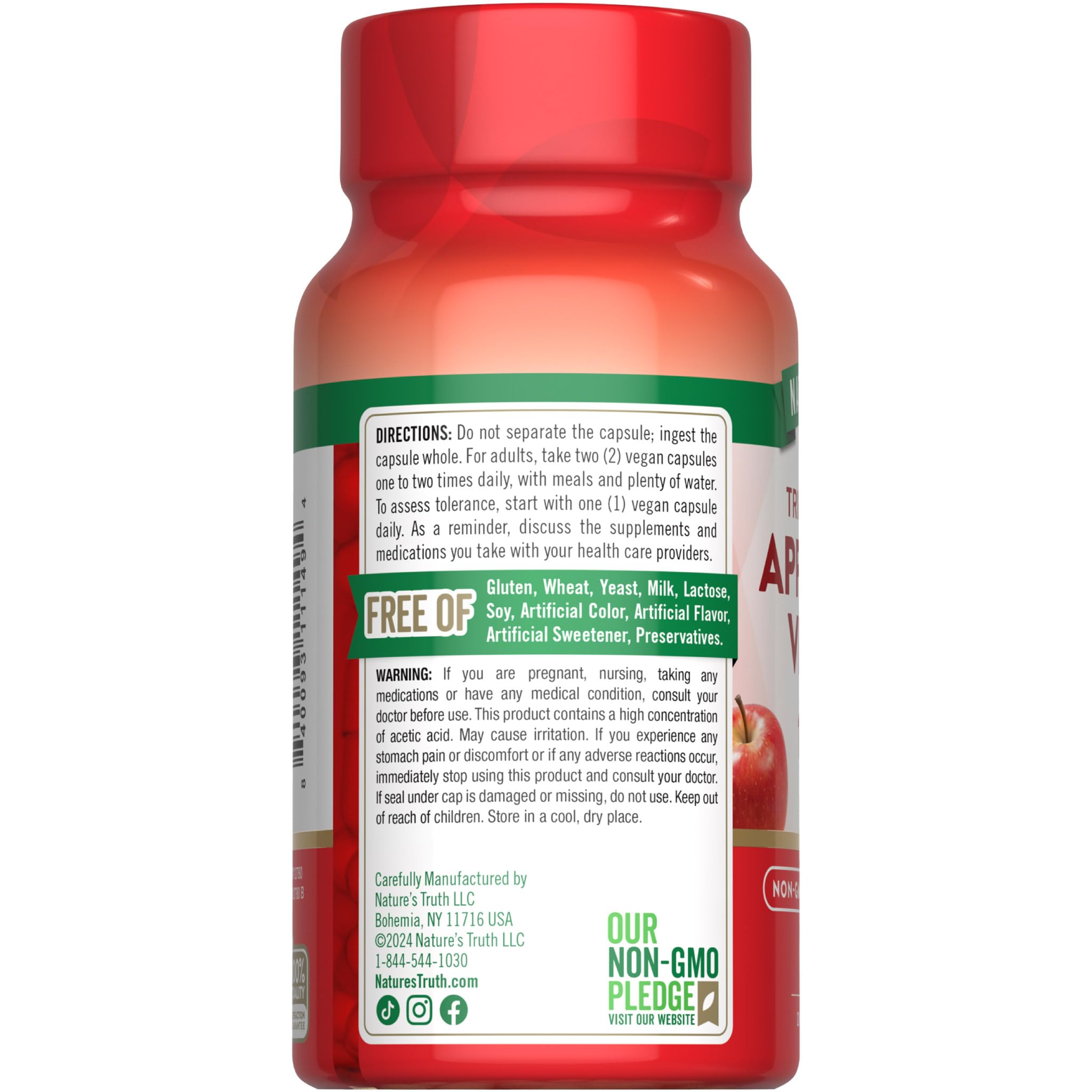 Uso diario recomendado de Nature's Truth vinagre de manzana en cápsulas veganas.