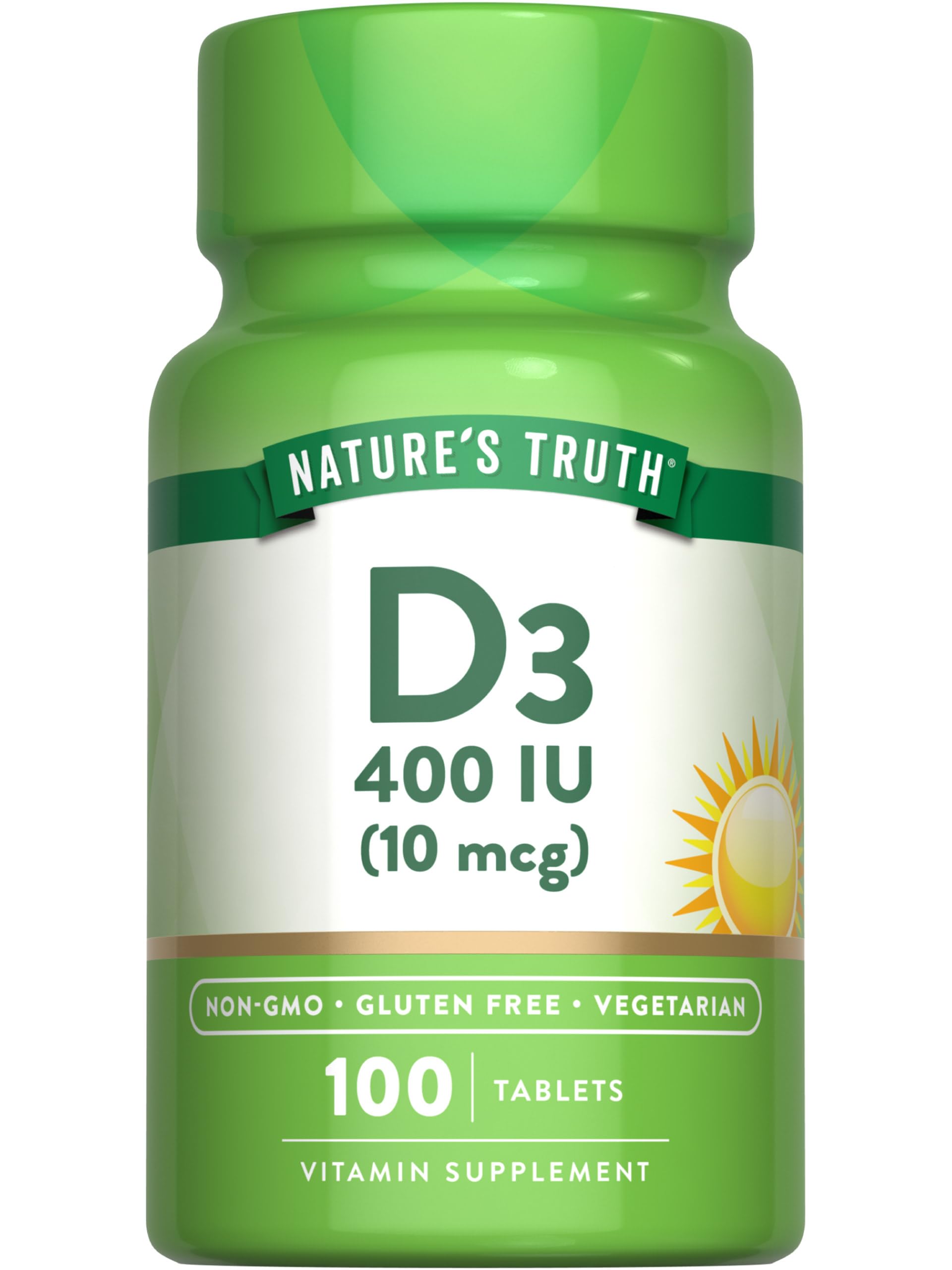 Vitamina D3 Nature's Truth 400 UI, bote de tabletas para uso diario.