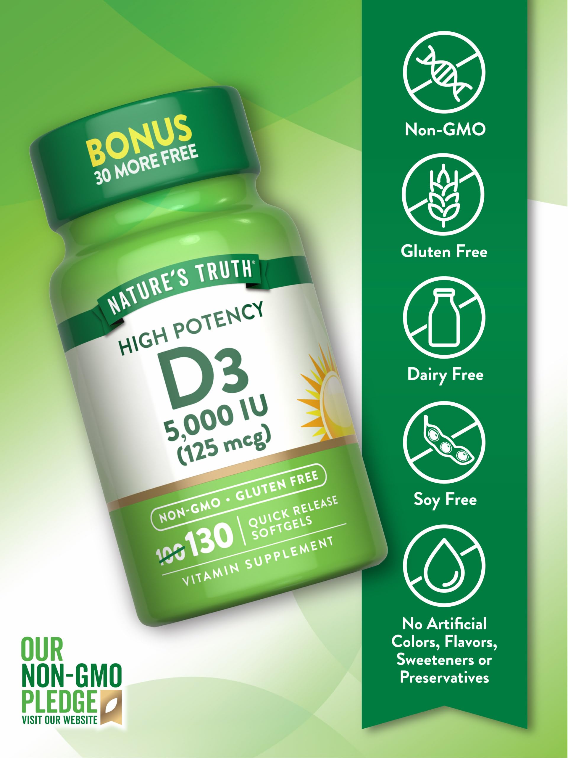Nature's Truth Vitamina D3 5000 UI, etiqueta clara para identificar ingredientes.