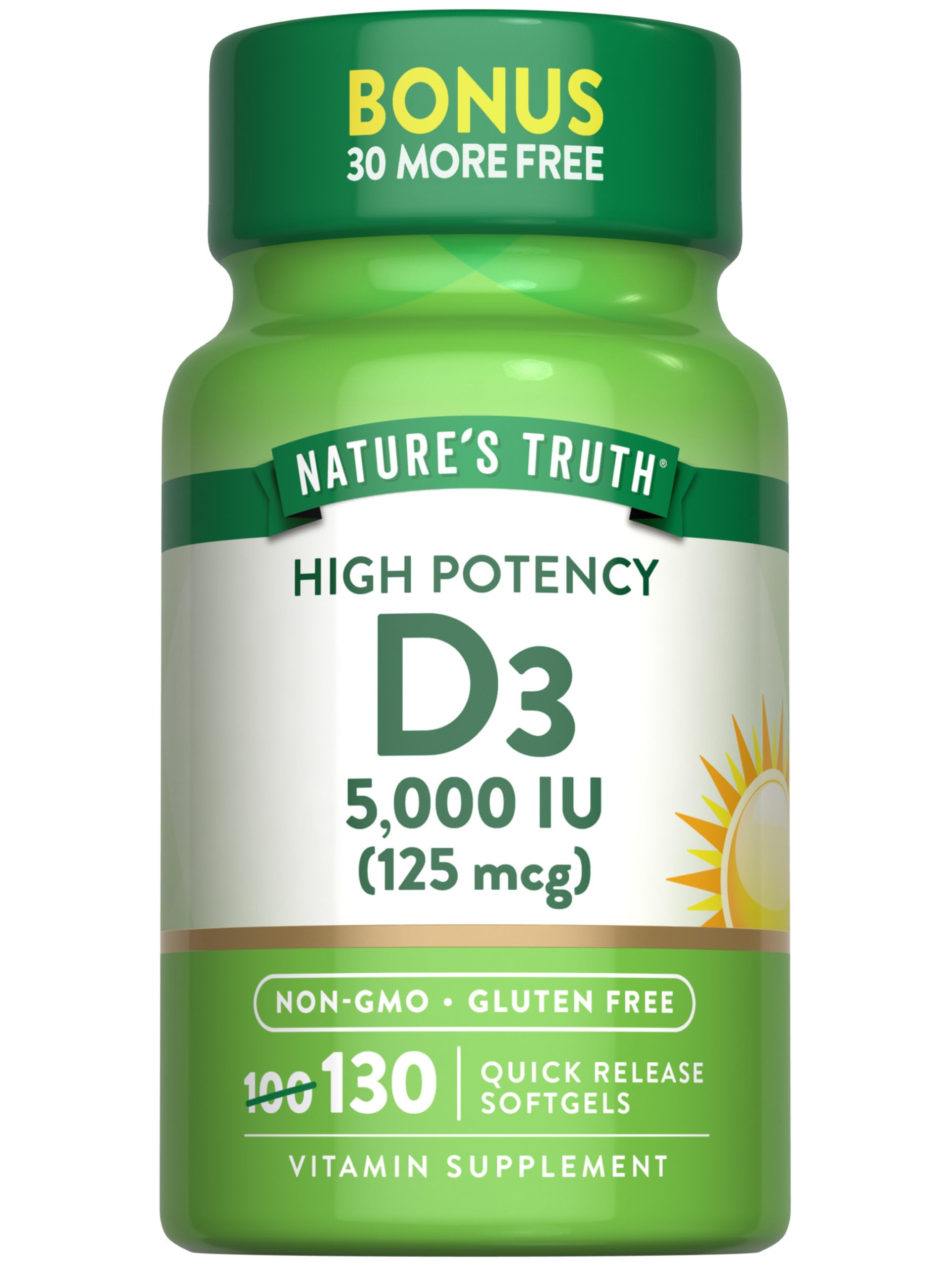 Nature's Truth Vitamina D3 5000 UI, cápsulas suaves para uso diario.
