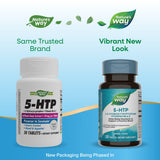 Etiqueta frontal de Nature's Way 5-HTP, información de ingredientes y sin gluten.