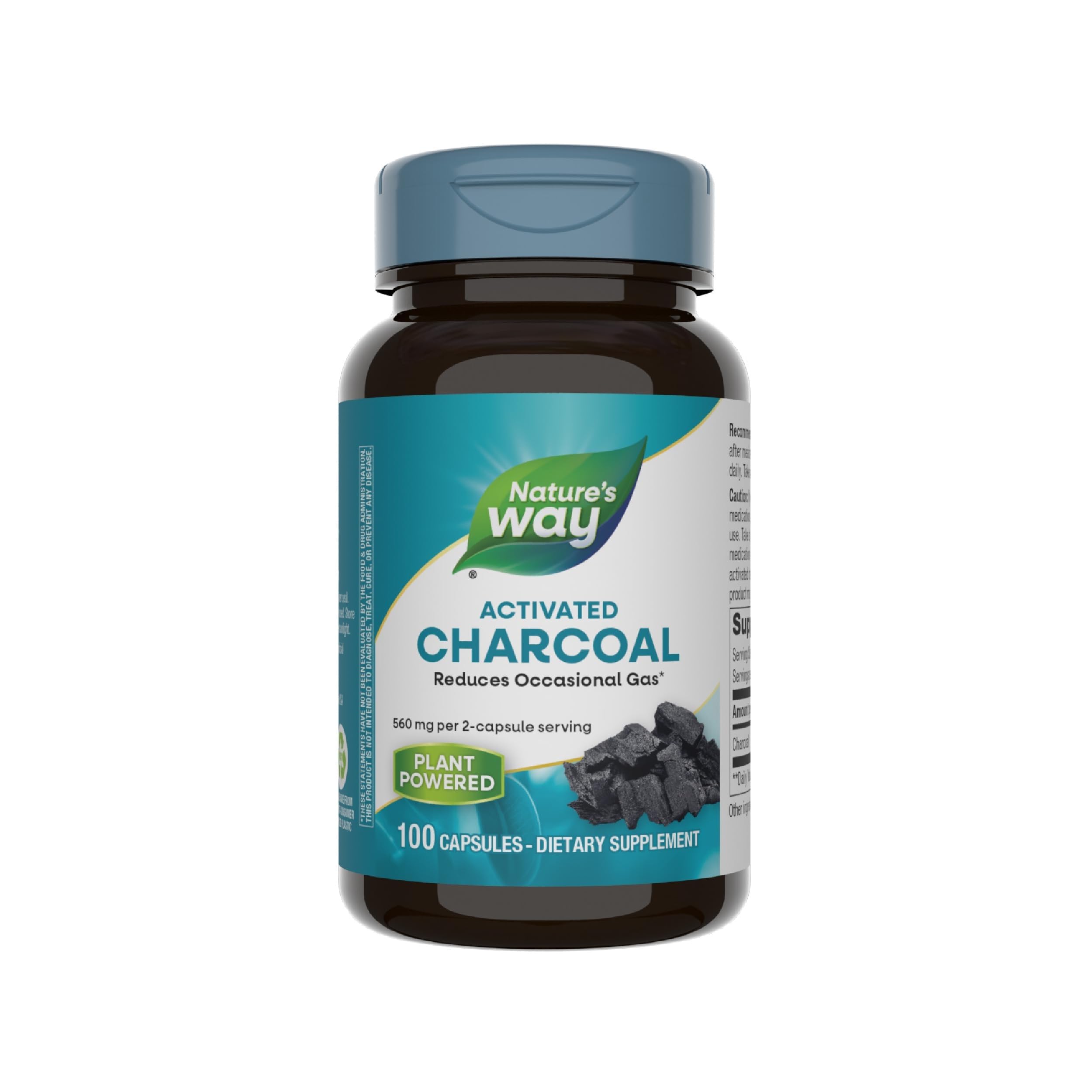 Nature's Way Activated Charcoal, empaque compacto para almacenamiento diario.