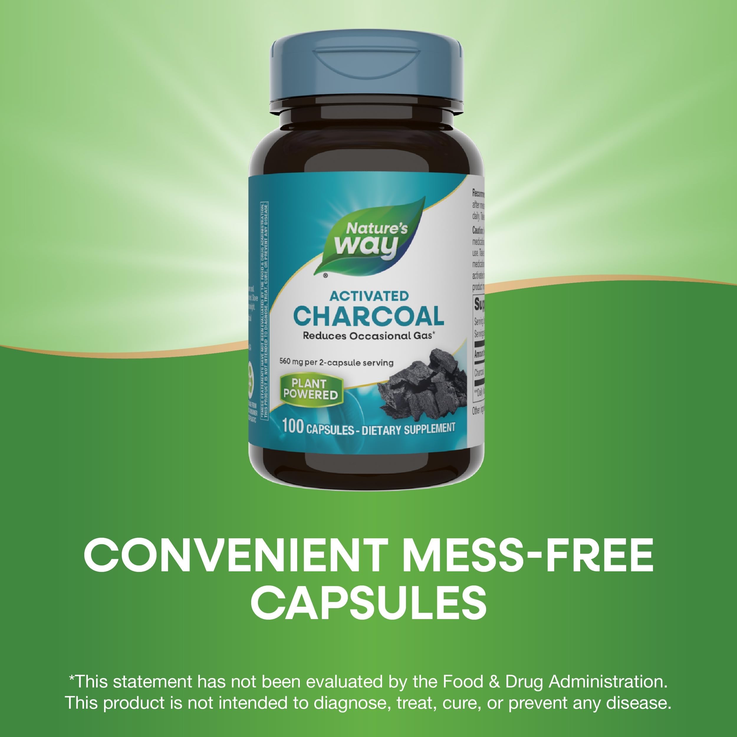 Nature's Way Activated Charcoal, etiqueta legible con información sobre gluten.