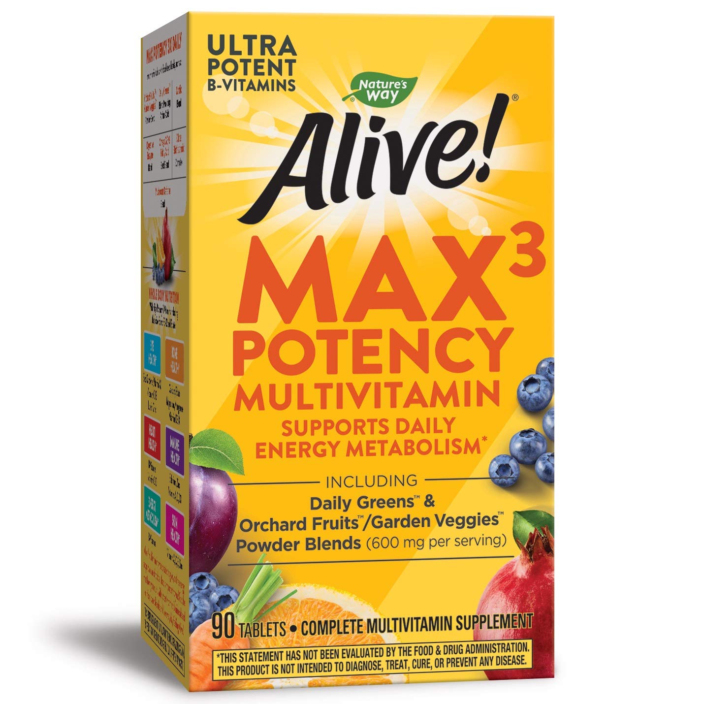 Nature's Way Alive! Max Potency, tabletas naturales, empaque práctico para uso diario.