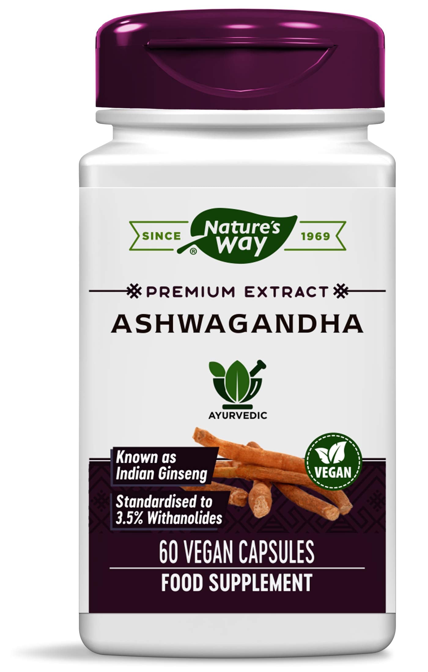 Nature's Way Ashwagandha 60vcaps: vista de la botella para uso diario de bienestar general.