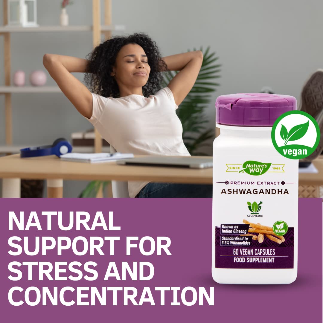 Nature's Way Ashwagandha 60vcaps: primer plano de cápsulas vegetales para consumo diario.