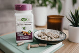 Nature's Way Ashwagandha 60vcaps: primer plano de la etiqueta destacando modo de uso.