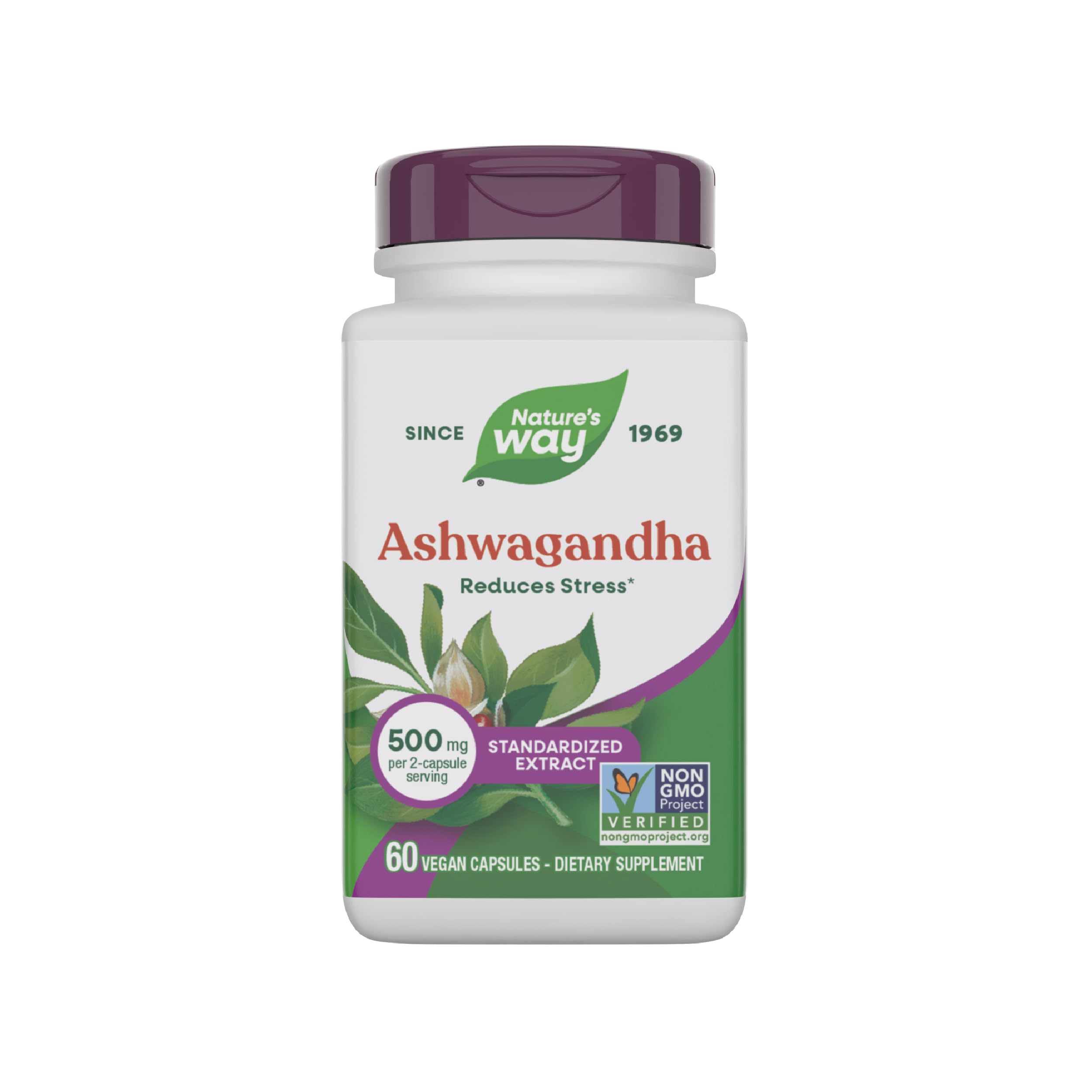 Nature's Way Ashwagandha: botella frontal, posible apoyo para gestionar el estrés diario.