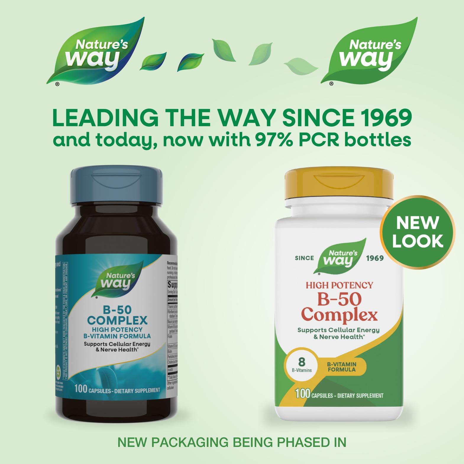 Nature's Way B-50 Complex contiene ocho vitaminas B para el metabolismo